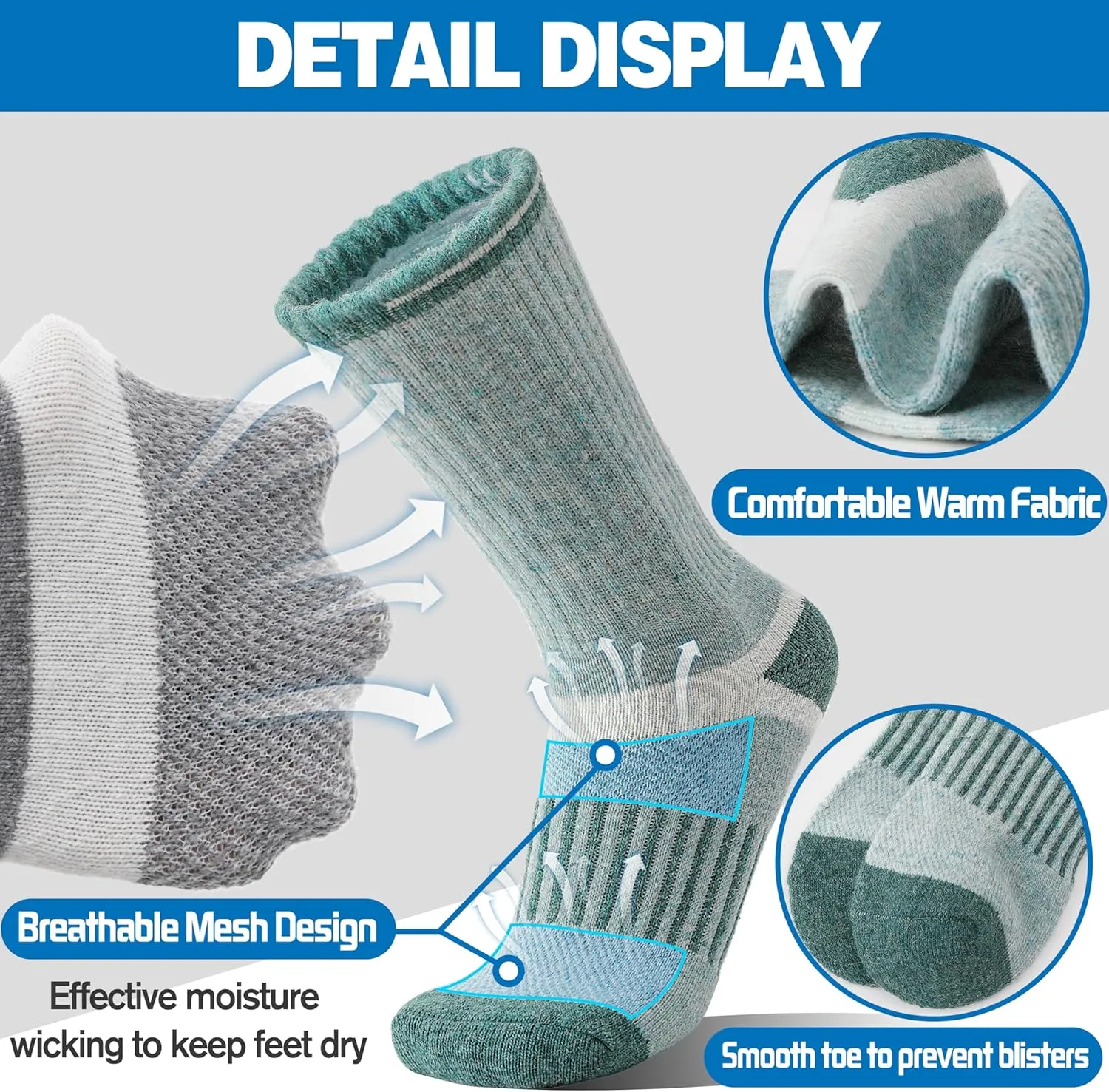 5 Pairs Merino Wool Hiking Socks Warm Thermal Winter Cozy Cushioned Moisture Wicking Socks for Women & Men