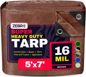 5' x 7' Brown Heavy Duty Tarp with Grommets Reinforced - 16 Mil Thick - Double Sided Plastic Tarps Waterproof - Large Tarpaulin Cover for Outdoor Camping Over/Under Tent Tarp RV Roof Rain - Zebro