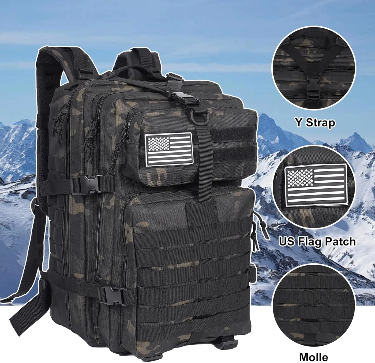 50L Large Military Tactical Backpack Molle Army Assault Pack for Travel Camping Hiking Fishing Backpack for men (black camo)
