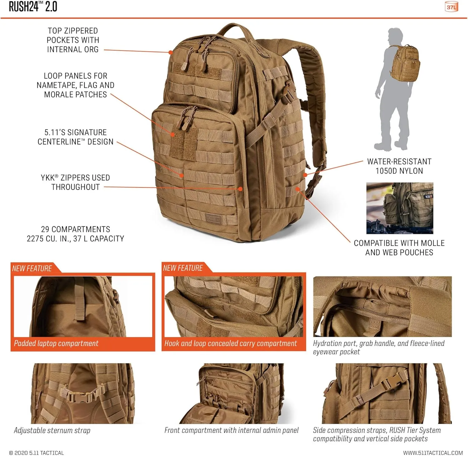 5.11 Tactical Backpack – Rush 24 2.0 – Pack and Laptop Compartment, 37 Liter, Medium, Ranger Green, Style 56563
