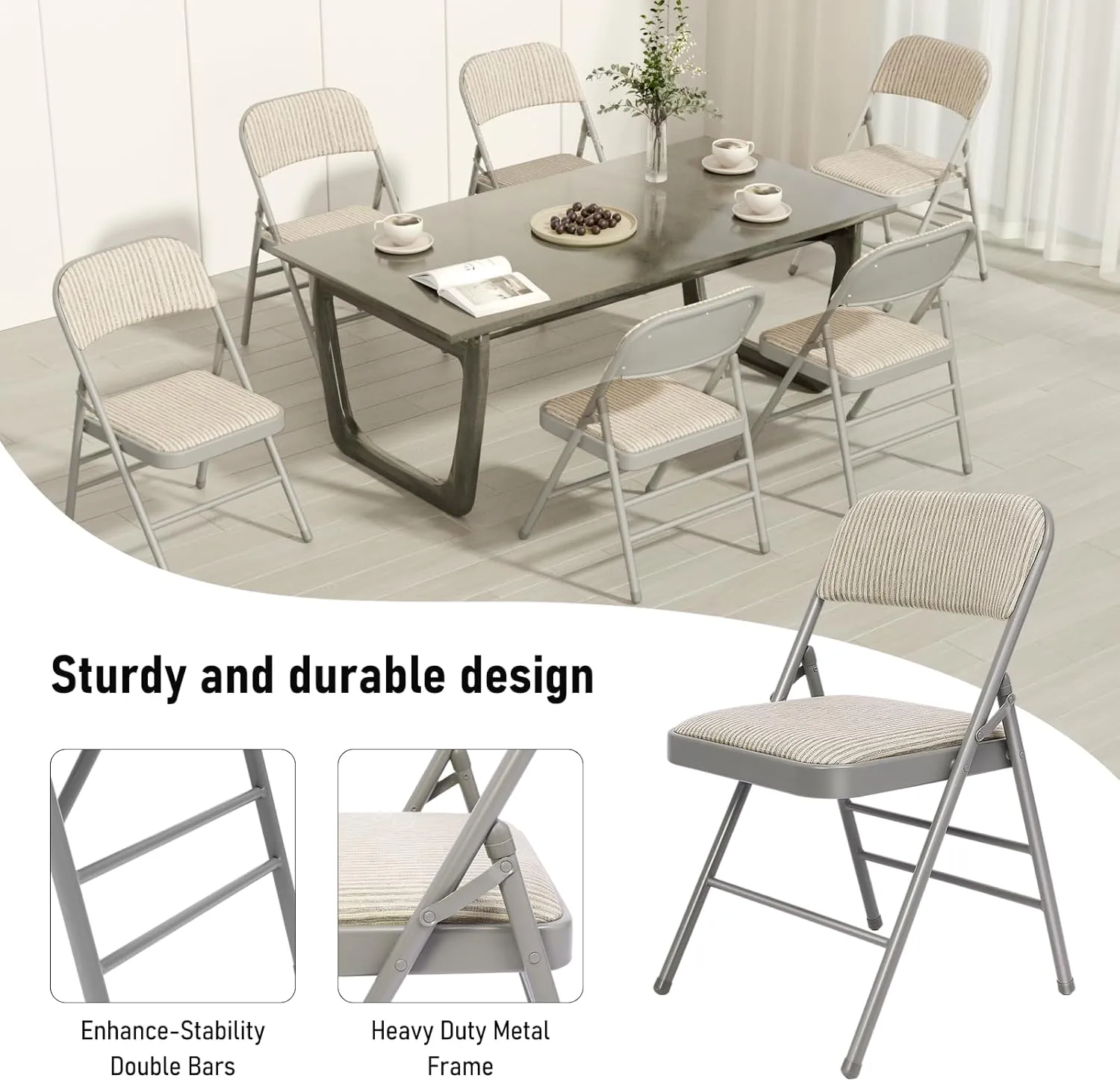 6 Pack Grey Folding Chairs with Fabric Padded Cushion, Fabric Dining Chair Set Portable Indoor Outdoor Padded Folding Chairs with Steel Frame for Home Office Events Wedding Party