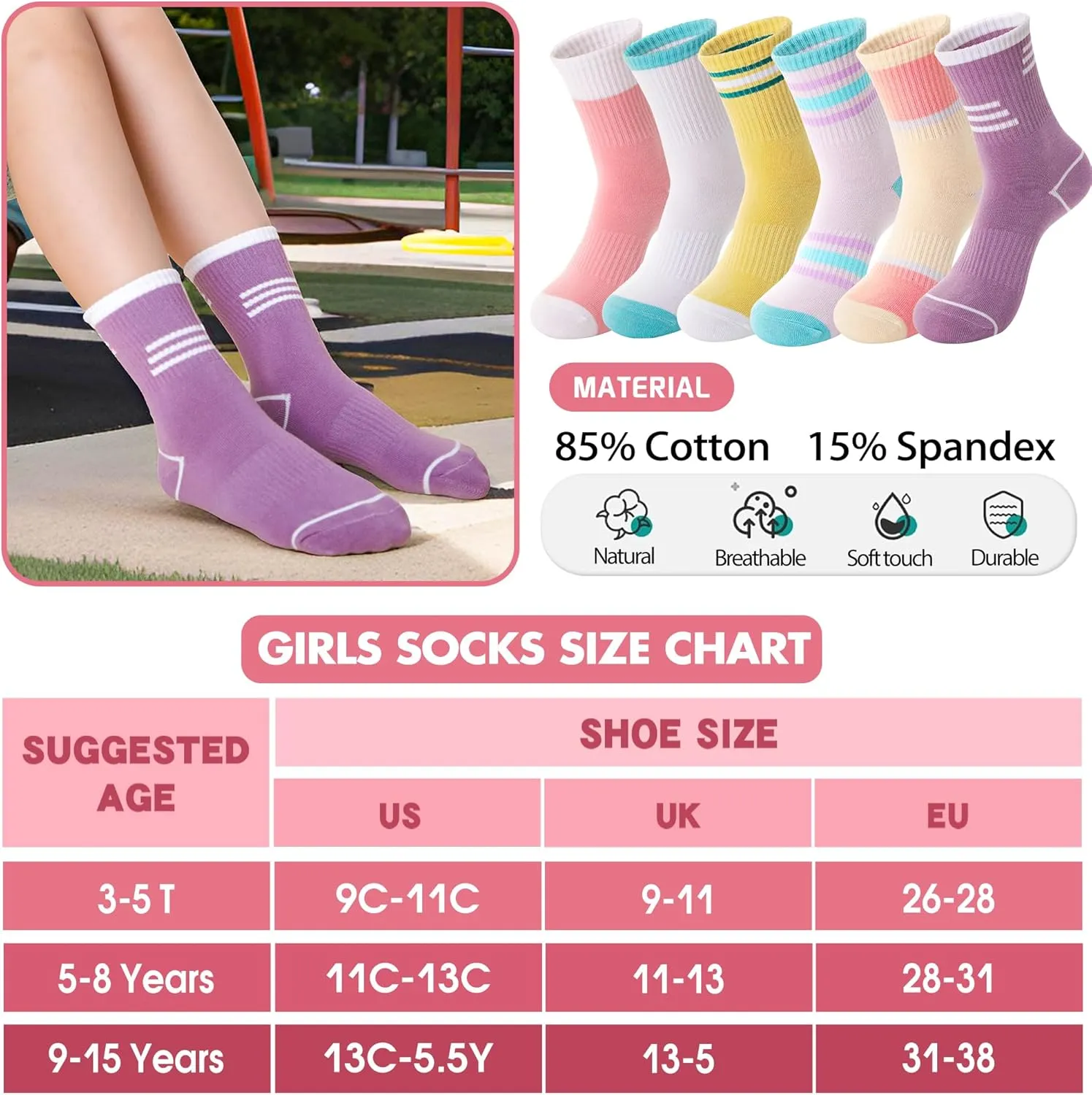 6 Pairs Kids Boys Girls Socks Athletic Basketball Youth Sport Crew Cotton Breathable Soft Socks