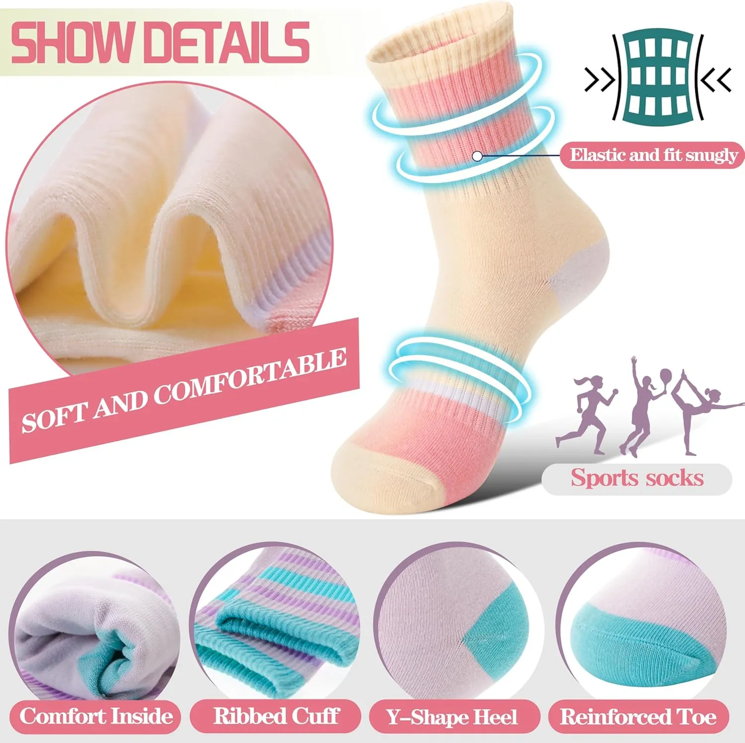 6 Pairs Kids Boys Girls Socks Athletic Basketball Youth Sport Crew Cotton Breathable Soft Socks