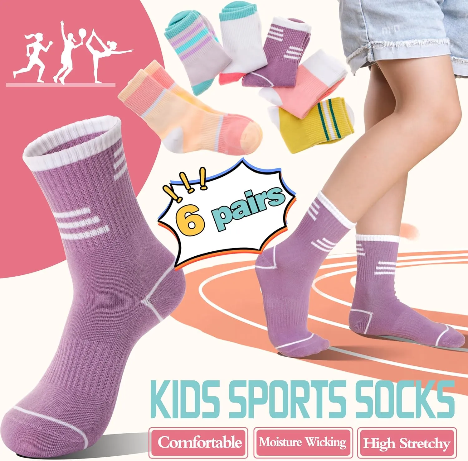 6 Pairs Kids Boys Girls Socks Athletic Basketball Youth Sport Crew Cotton Breathable Soft Socks