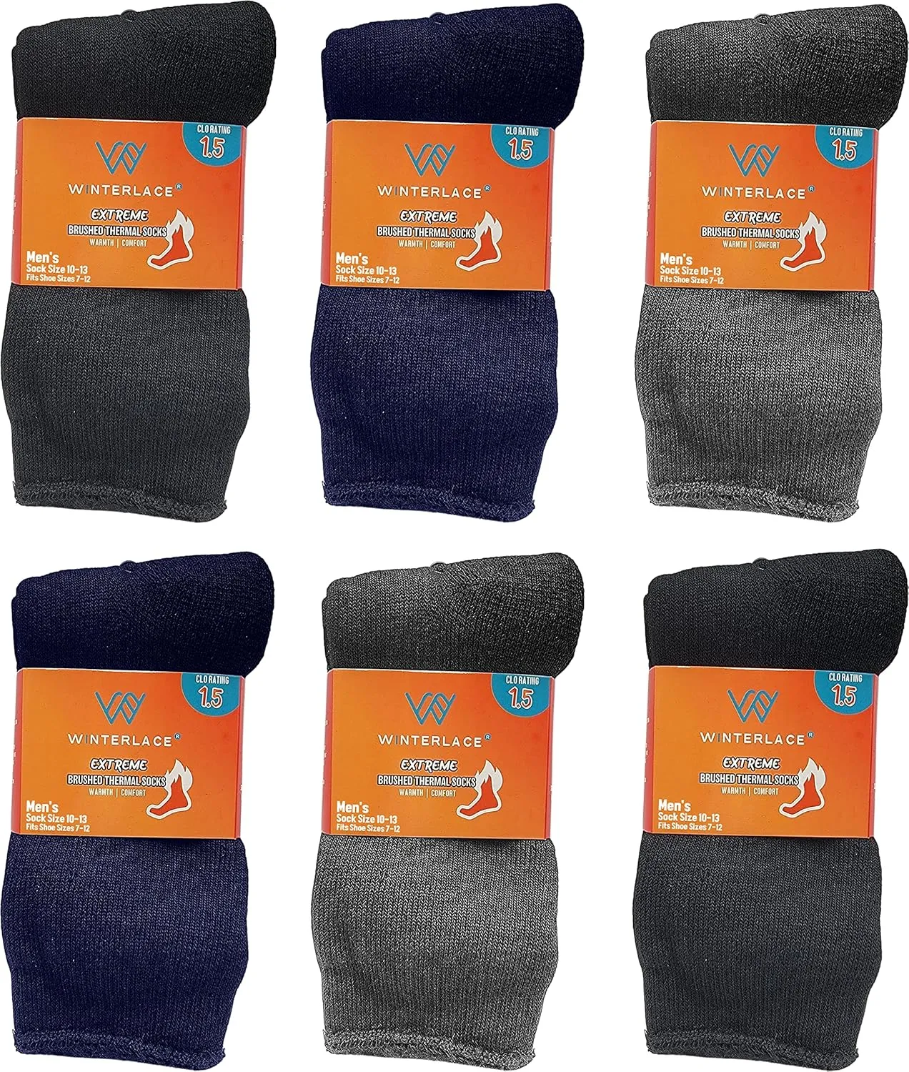 6 Pairs Mens Thermal Socks, Brushed Interior Warm Winter Thick Heavy Duty Cushioned Crew Sock, Bulk Pack