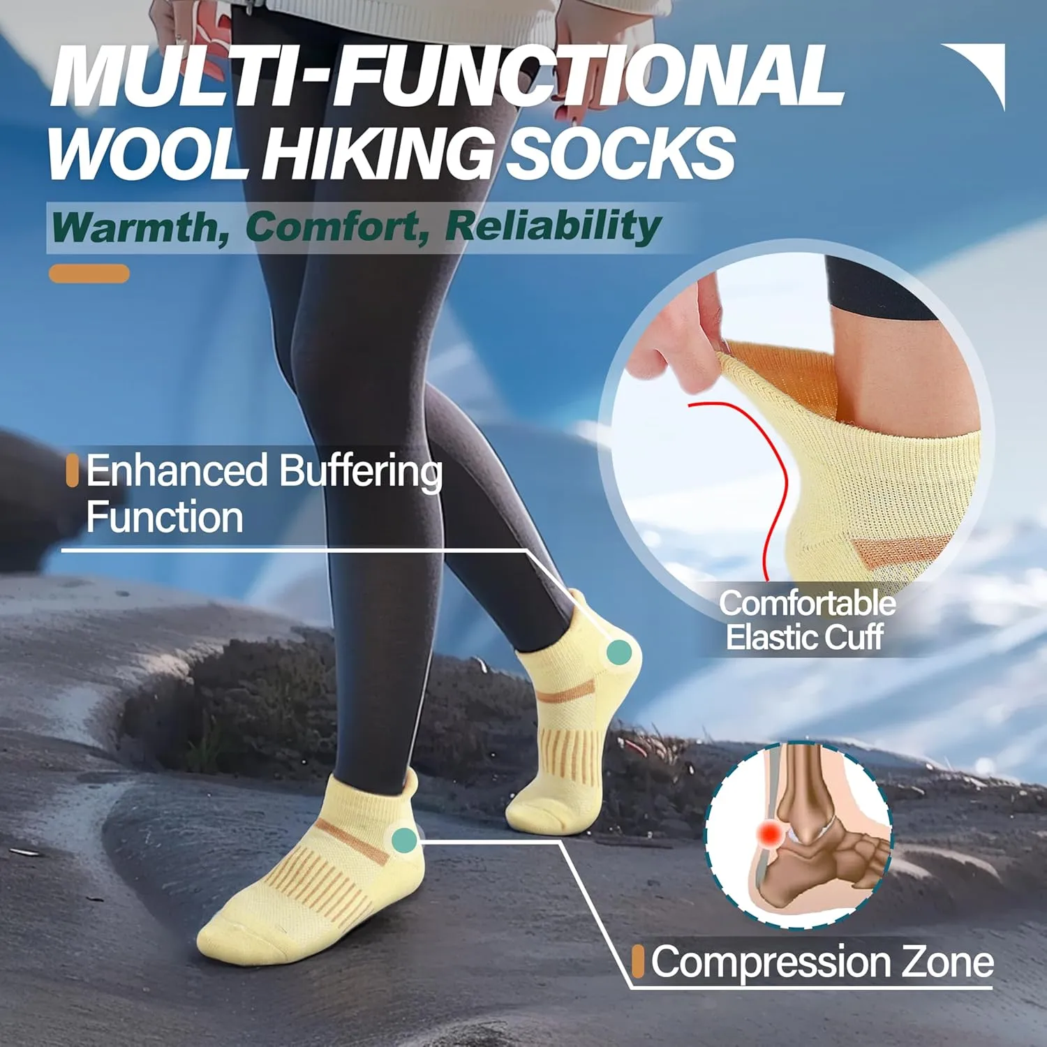 6 Pairs Merino Wool Ankle Running Hiking Socks Compression Support Breathable Thick Cushion No Show Socks for Women Men