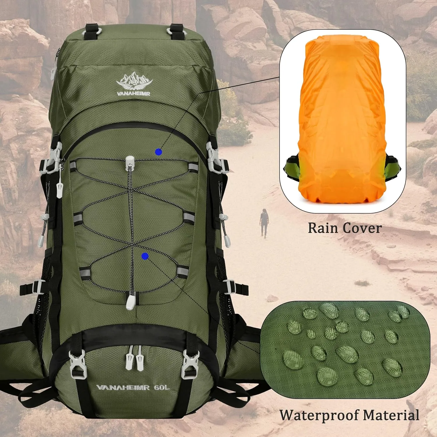 60L Travel Hiking Camping Backpack with Rain Cover, Backpack Water Resistant,Climbing Backpack for Men Women