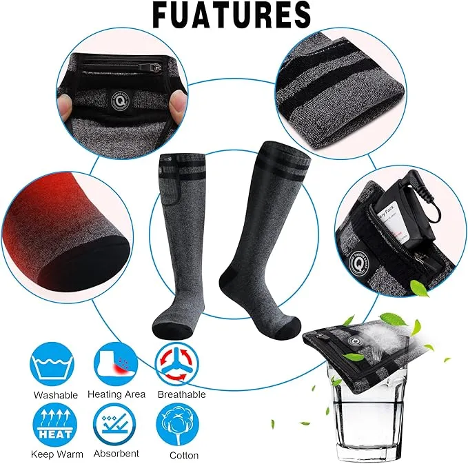 7.4V Heated Socks,Rechargeable Electric Heated Socks Camping Foot Warmer Winter Warm Socks for Men Women-Battery Heat Thick Cotton Thermal Hot Heat Sock for Outdoor Cycling Skiing Hiking,3Heat