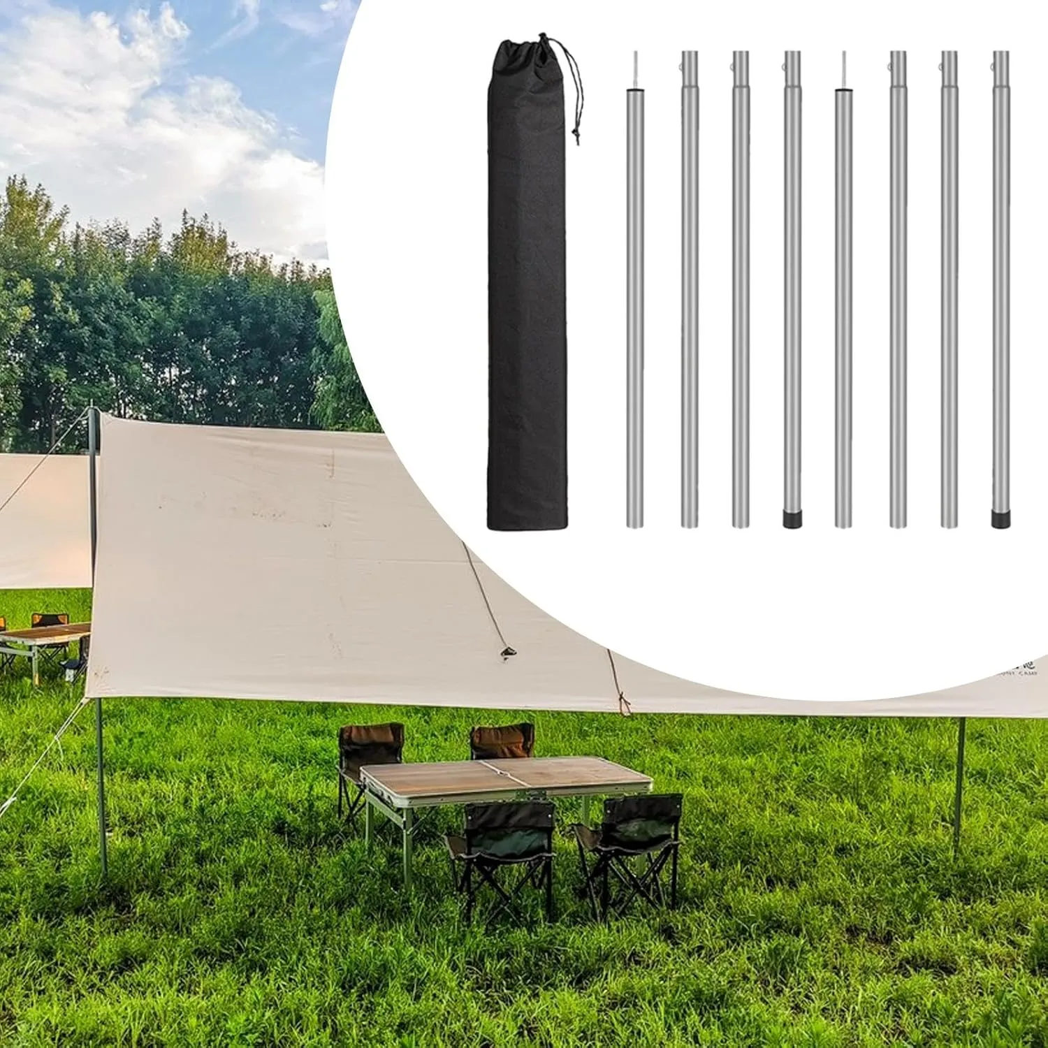 8 Pieces Tarp Poles, Lightweight, Easy to Install, Portable Iron Camping Tarp Poles Set for Awning Canopy Rain Shelter
