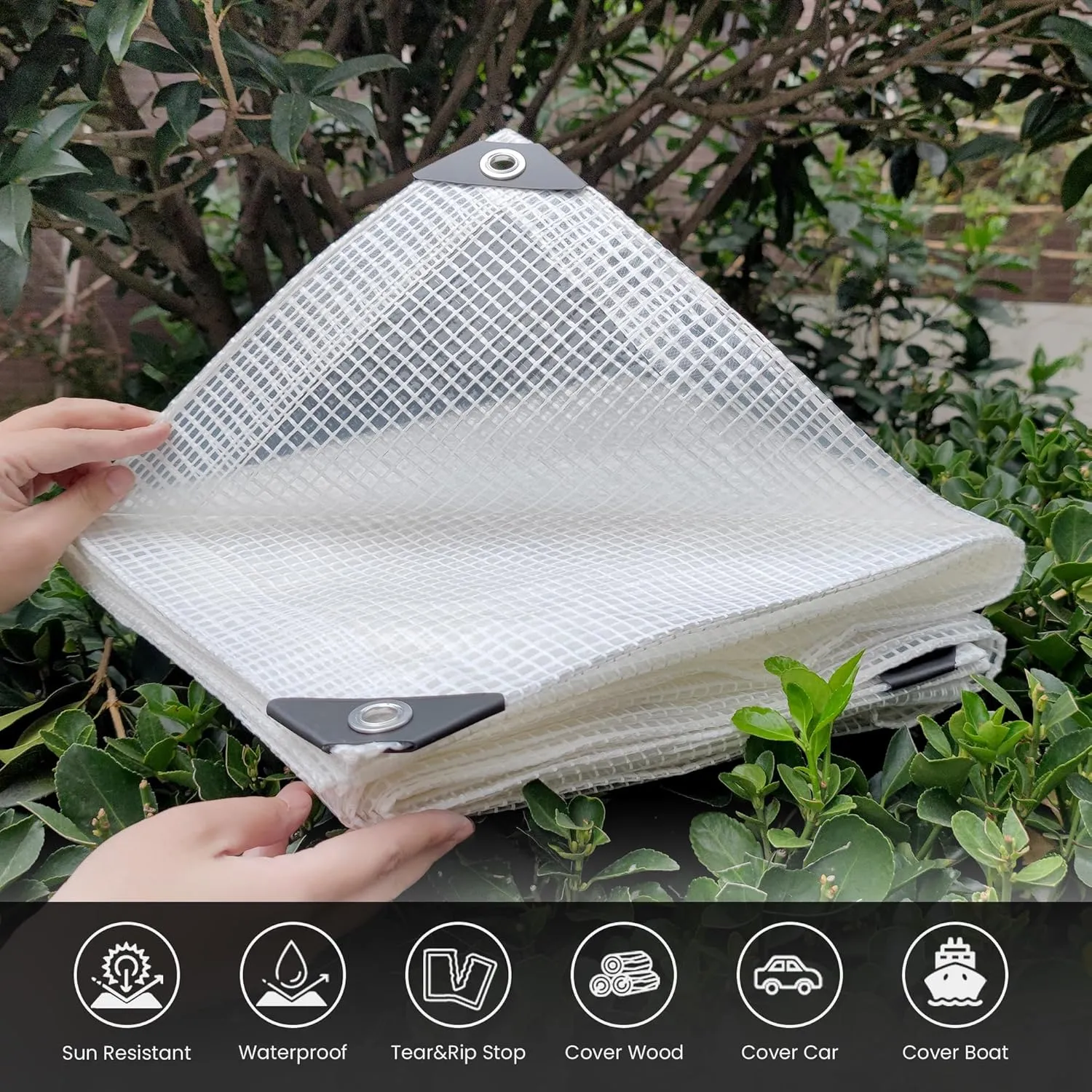 8' x 10' Clear Tarp Heavy Duty Waterproof tarps,13mil Transparent Multipurpose Protective Tarpaulin,Reinforced Edges Outdoor Waterproof Poly Tarps Cover,UV Resistant (Clear White Mesh)