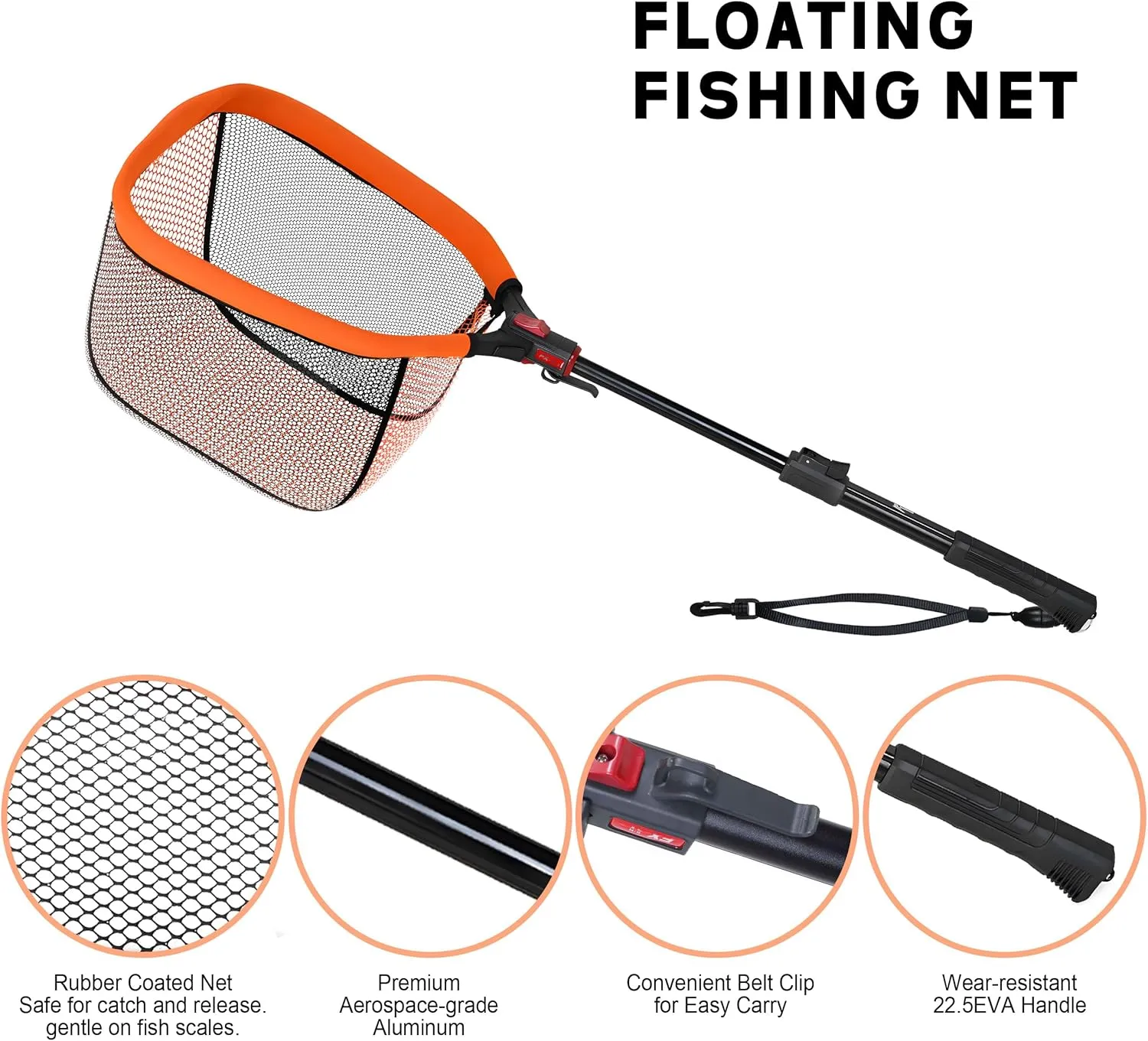 8Fans Extendable Fishing Net, Foldable Floating Landing Net,Non-Slip Hi-vis Grip, Ideal for Kayak Wading Fishing