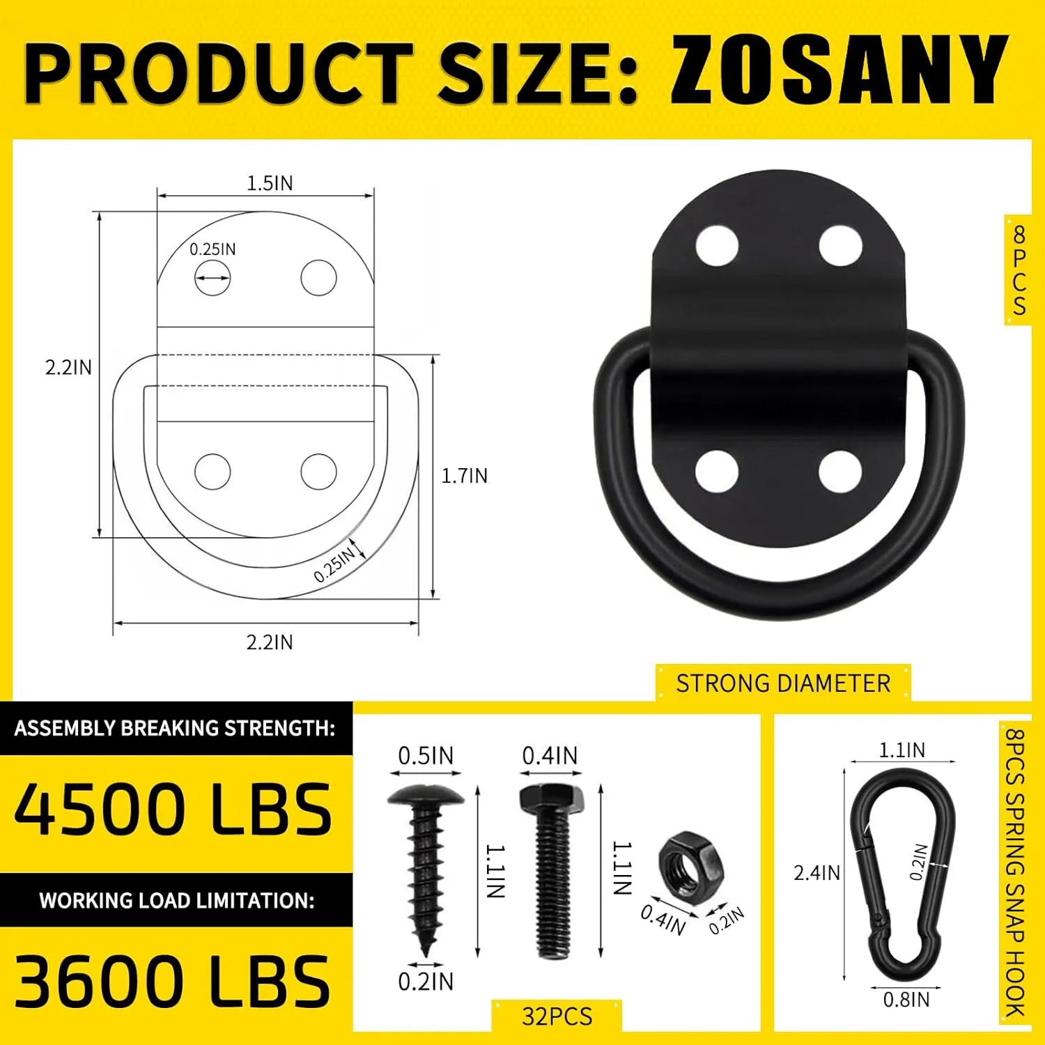 8PCS Heavy Duty D Ring Tie Down Anchor Hooks, Large D Ring Tie Down Anchor 3600LBS Breaking Strength with Carabiner, Tie Down Anchor with Bolts Screws for Trailer Truck Boats Camper Pickup ATV