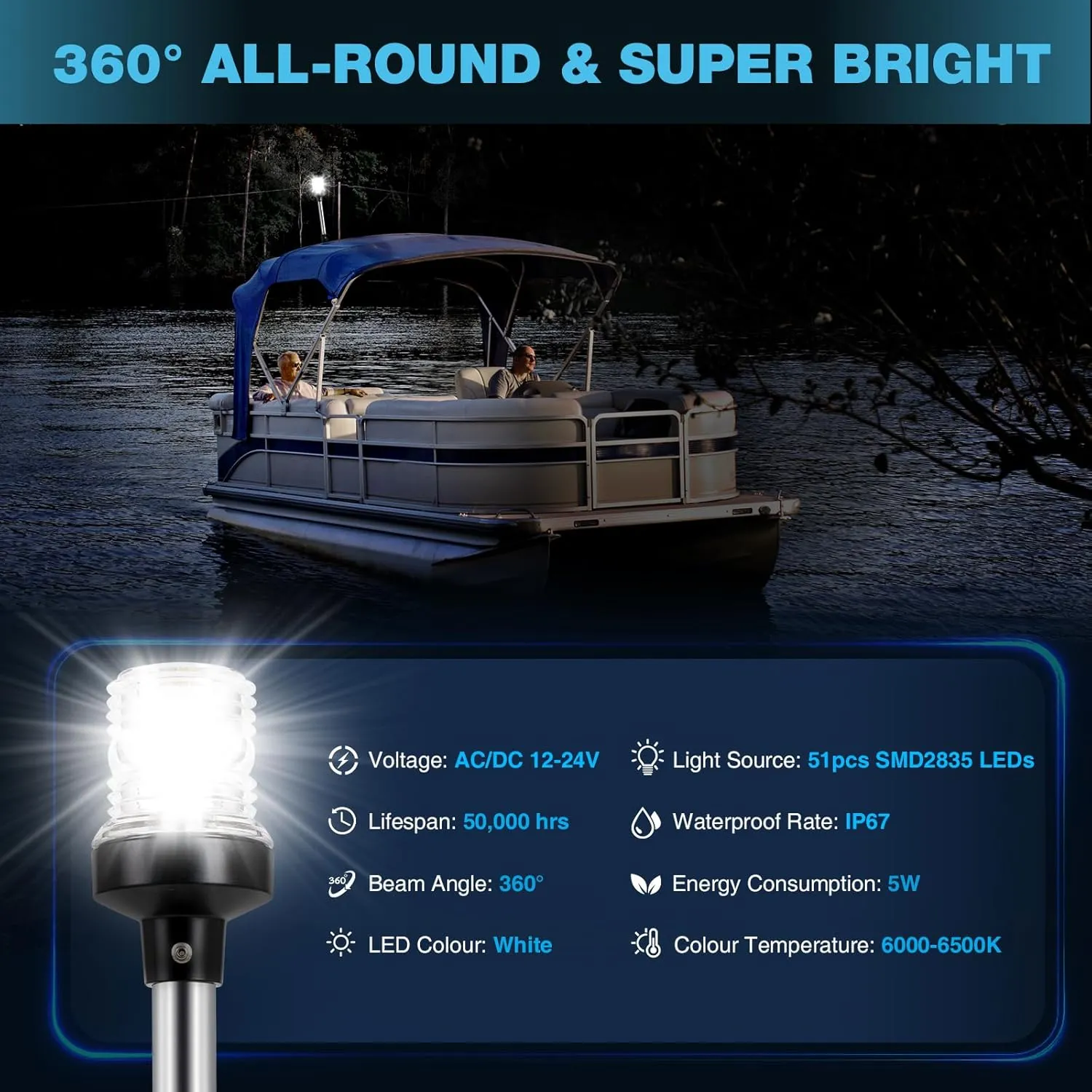 9 Inches Boat Stern Light Anchor Light LED Marine Waterproof IP67, White Fold Down Navigation Lights for Boats LED for Pontoon, Jon Boat and Bass Boats (12-24V)