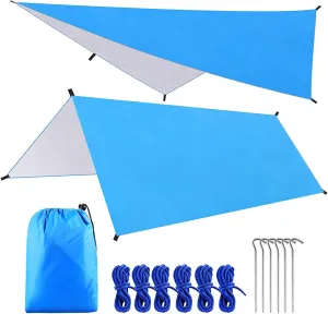 9.8 * 9.8ft Multifunctional Waterproof Camping Tarp Hammock Sunshade Tent Rain Shelter Lightweight Outdoor Tarpaulin Canopy for Camping Beach Picnic