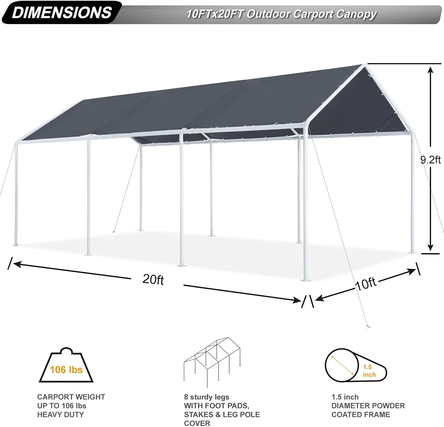 ABCCANOPY 10x20 FT Carport Garage Car Boat Shelter Party Tent, Gray