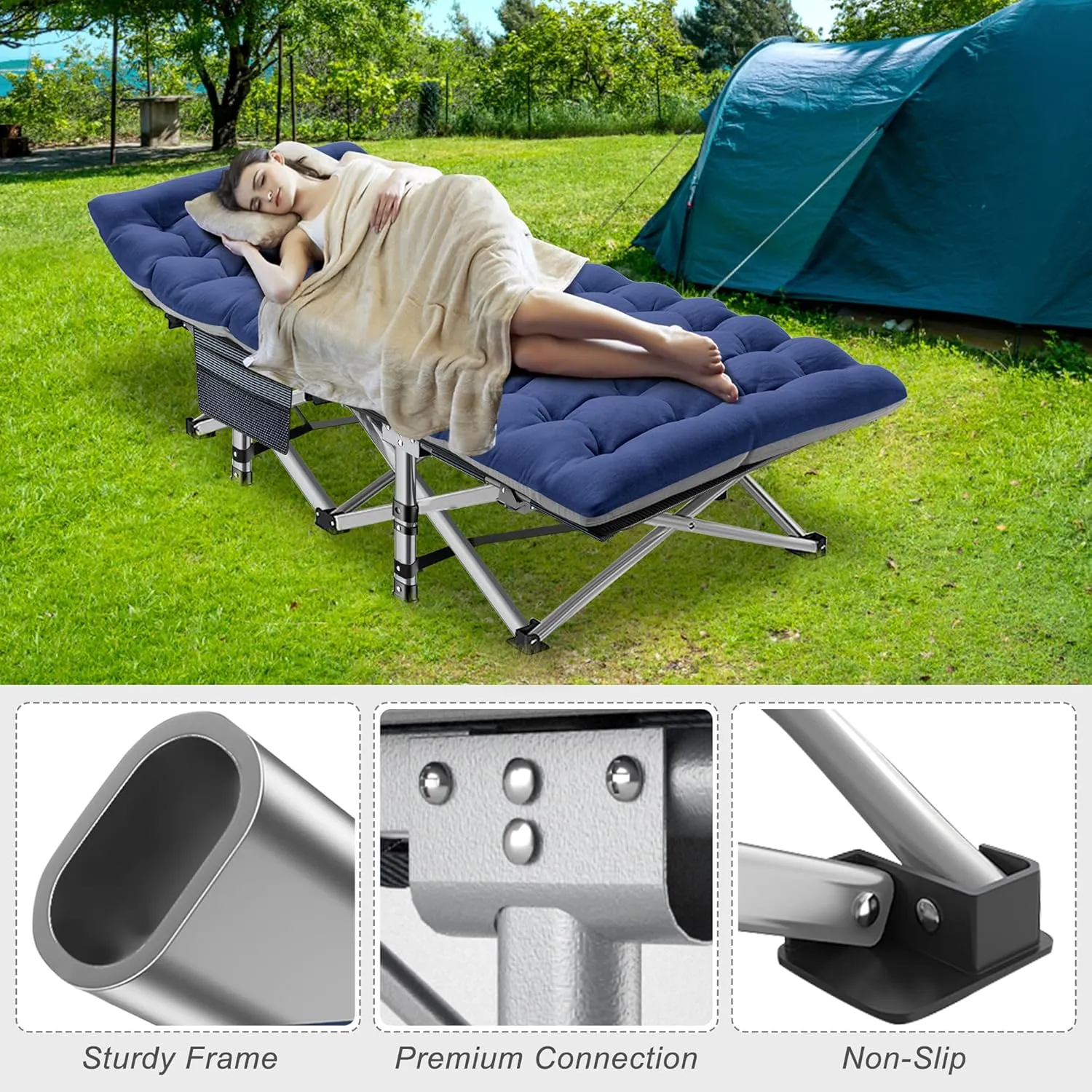 ABORON Folding Camping Cot W/Mat for Adults, Heavy Duty Outdoor Bed with Carry Bag,1200 D Layer Oxford Travel Camp Cots