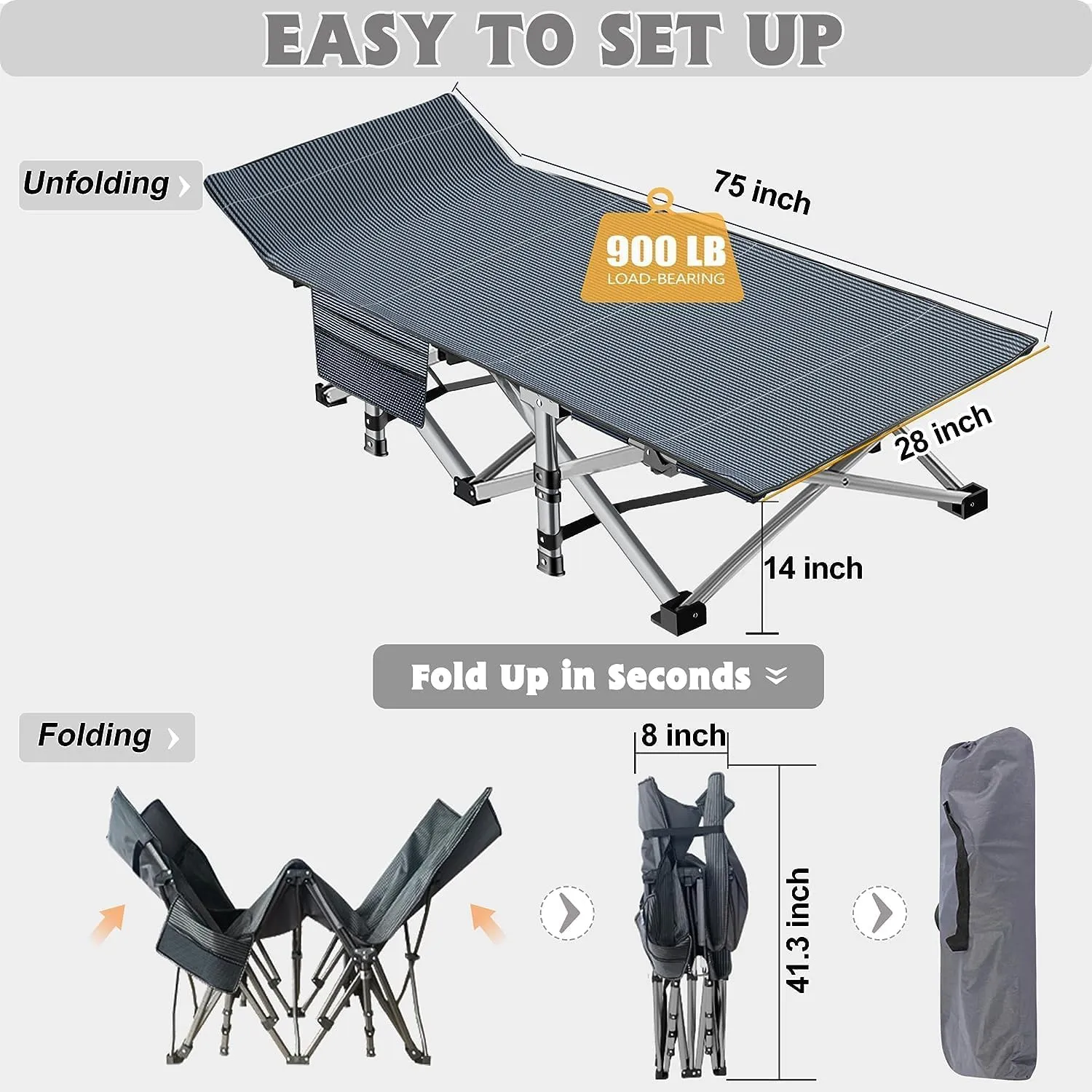 ABORON Folding Camping Cot W/Mat for Adults, Heavy Duty Outdoor Bed with Carry Bag,1200 D Layer Oxford Travel Camp Cots