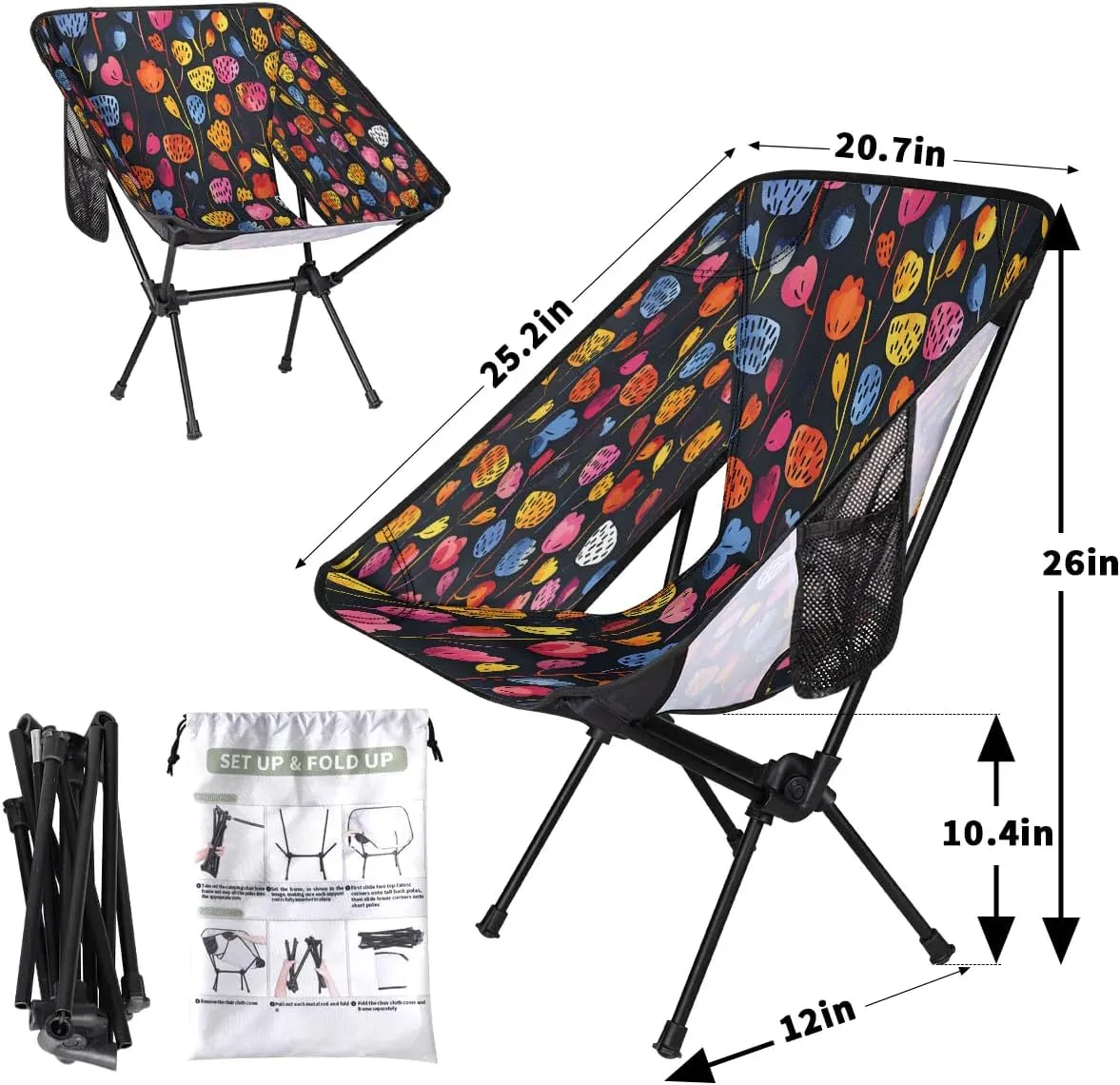 Abstract Floral Printed Folding Camping Chair Lightweight Camping Chairs for Adults Portable Outdoor Camp Chair Supports 176 Lbs