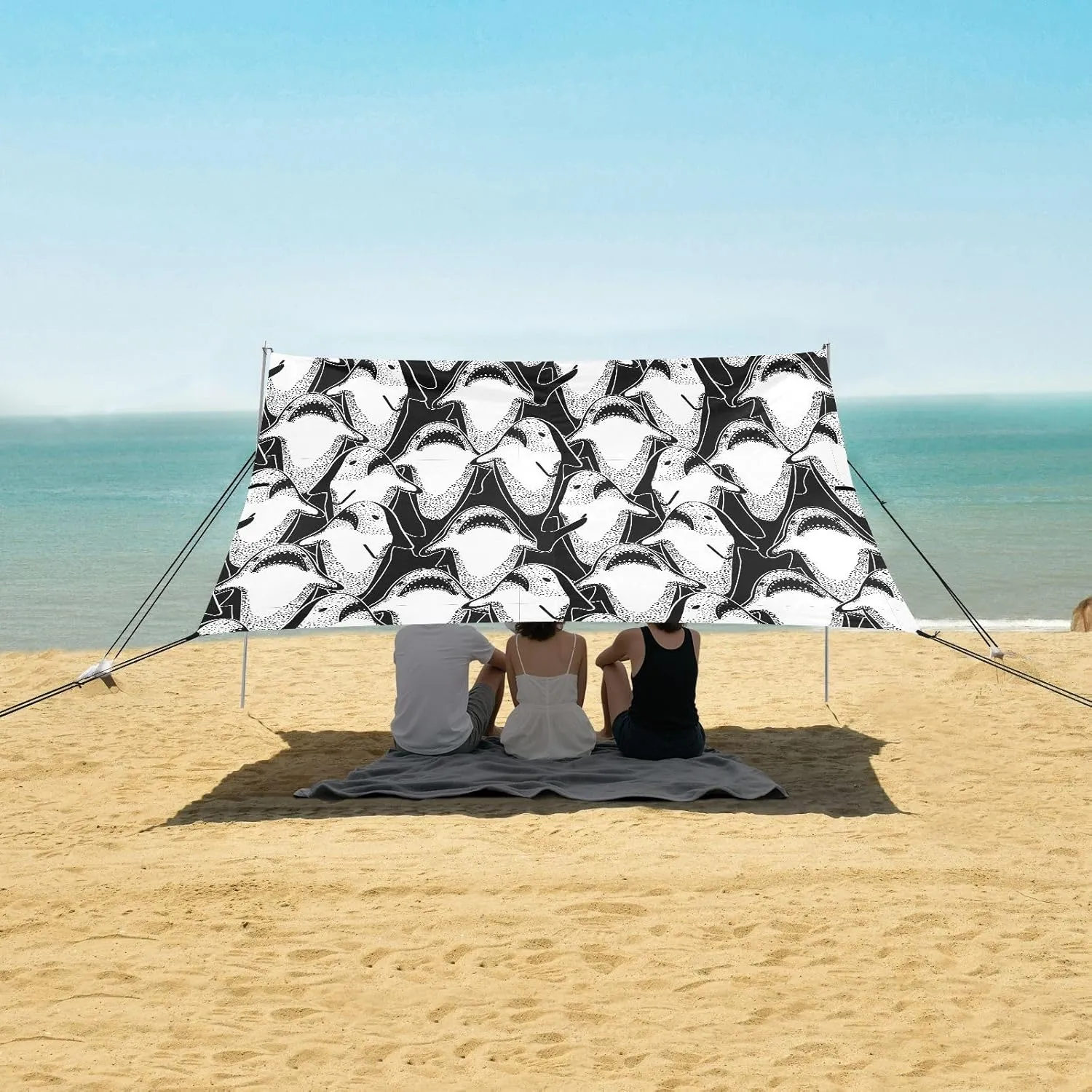 Abstract Sharks Pattern Beach Camping Tent Sun Shelter for Whole Family, Beach Shade Canopy with UPF50  UV Protection,Easy Set Up and Carry,Outdoor Shade for Trips, Fishing, Backyard Fun Picnic