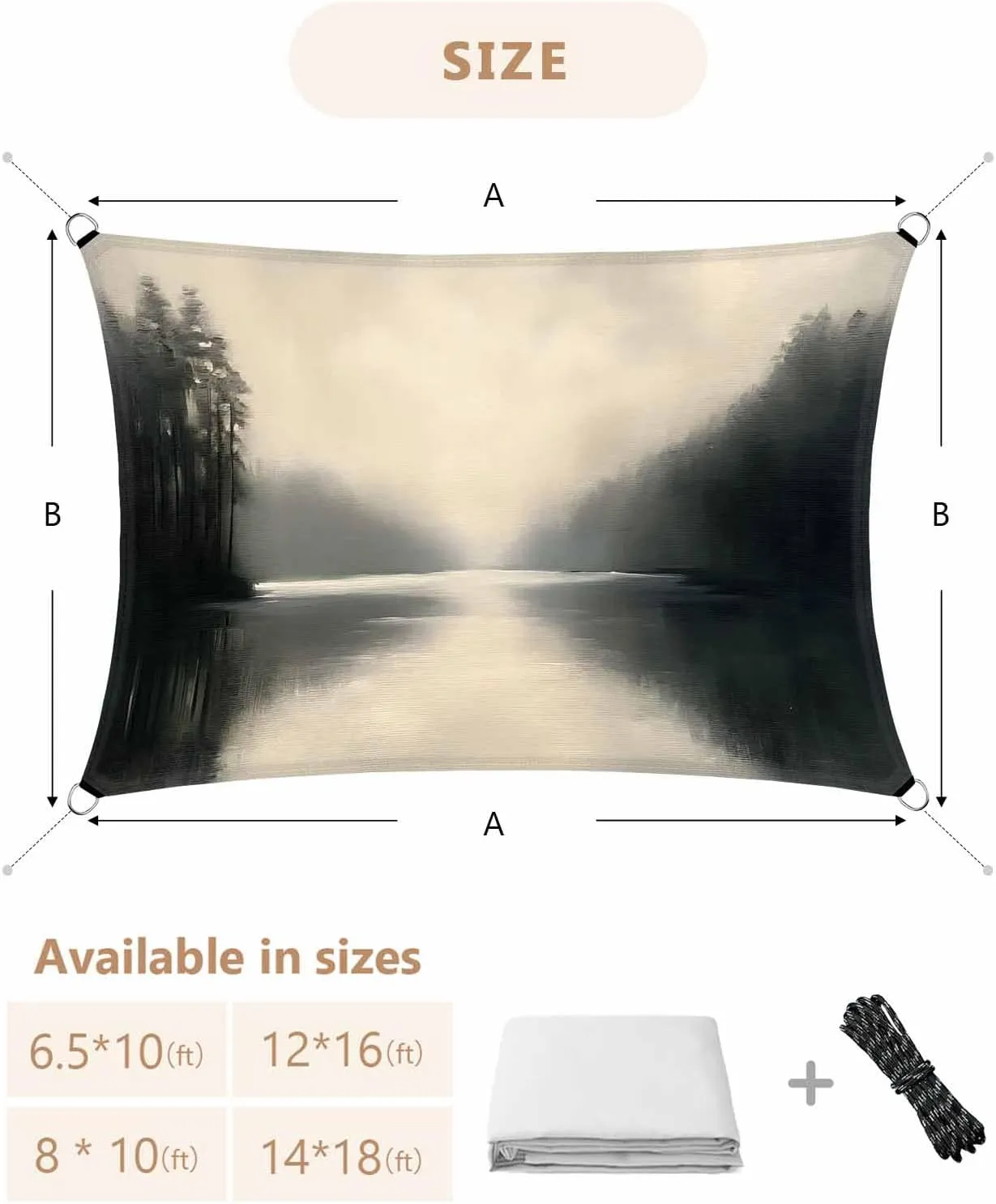 Abstract Sun Shade Sail 6’x 10’, Lake Mountain Landscape Nature Modern Rectangular Sunshade Sail UV Protection, Outdoor Waterproof Sun Shade Canopy for Patio Deck Pool Park