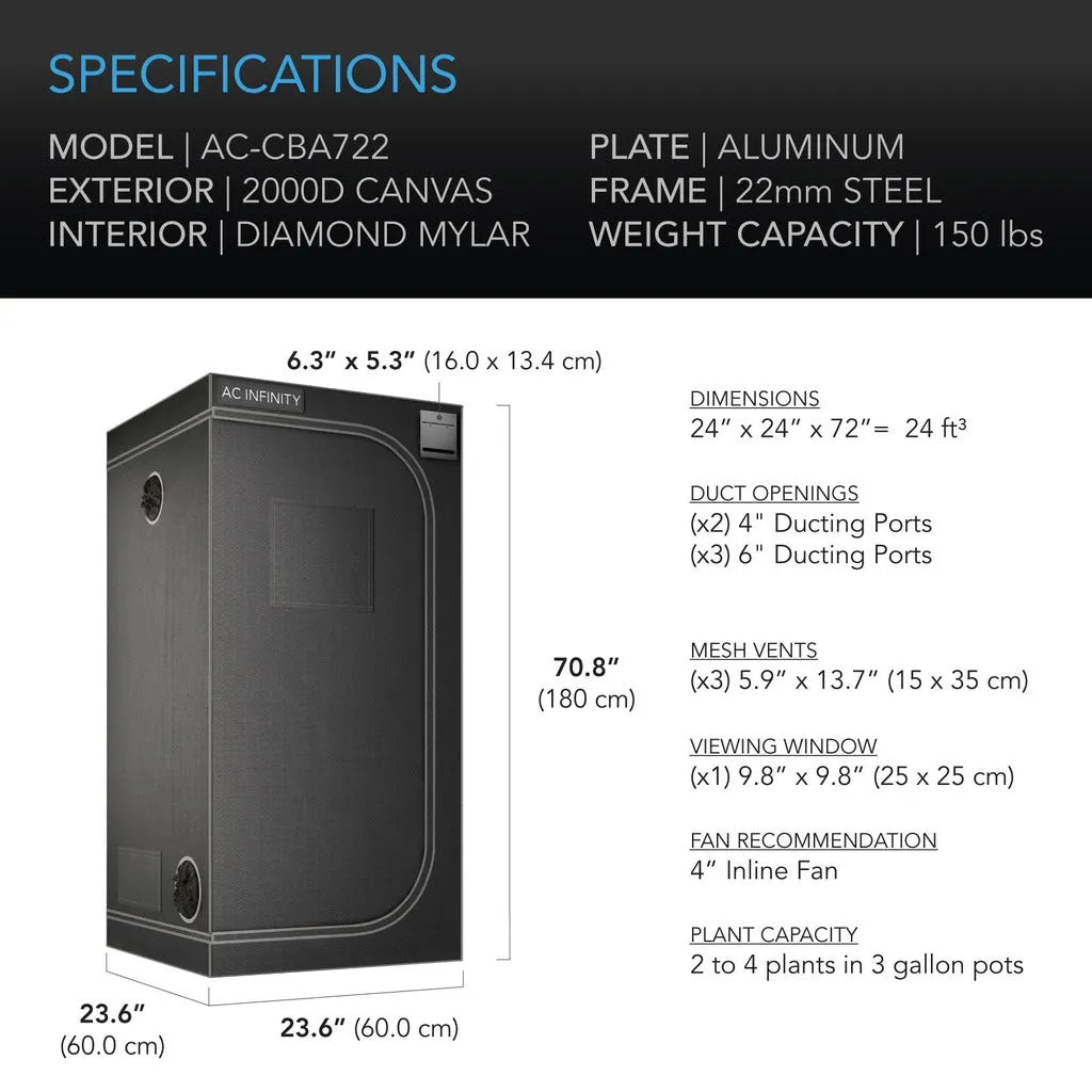 AC Infinity CLOUDLAB 722, Advance Grow Tent 2x2, 2000D Diamond Mylar Canvas, 24" x 24" x 72"