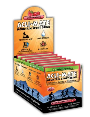 Acli-Mate Mountain Sport Drink Mix - High Altitude Acclimatization - Energy, Performance, and Recovery - Running/Biking/Hiking/Skiing/Climbing Cran Raspberry Carton - 30 CT