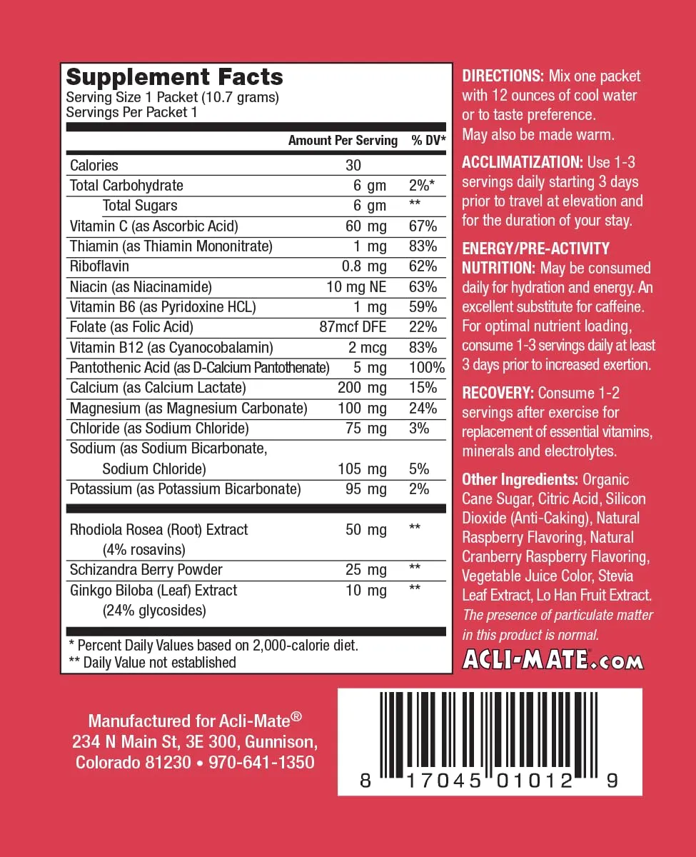 Acli-Mate Mountain Sport Drink Mix - High Altitude Acclimatization - Energy, Performance, and Recovery - Running/Biking/Hiking/Skiing/Climbing Cran Raspberry Carton - 30 CT
