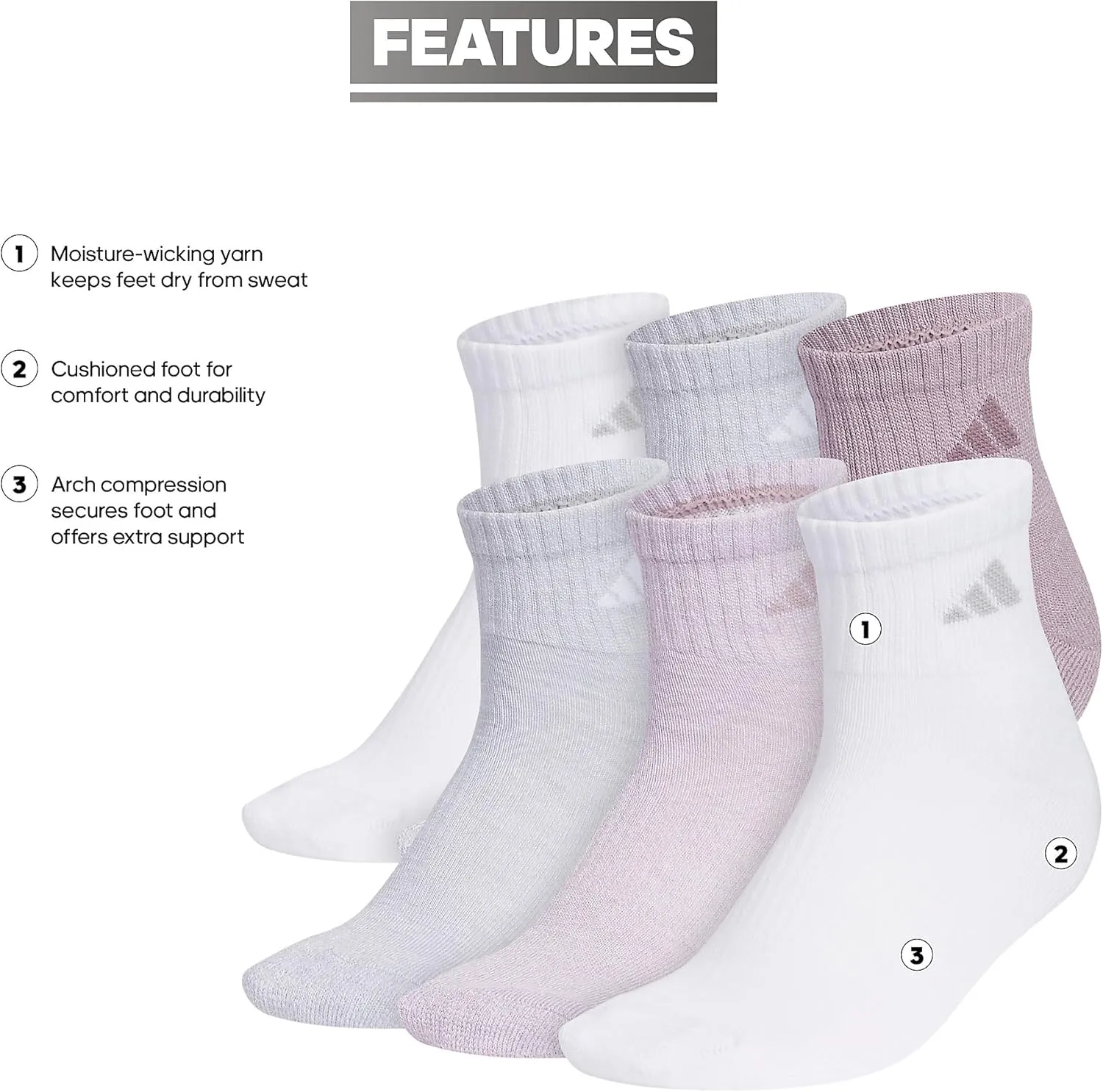 adidas Athletic Cushioned 6-Pack Compression Quarter Ankle Socks for Women, Durable, Comfortable, Cooling