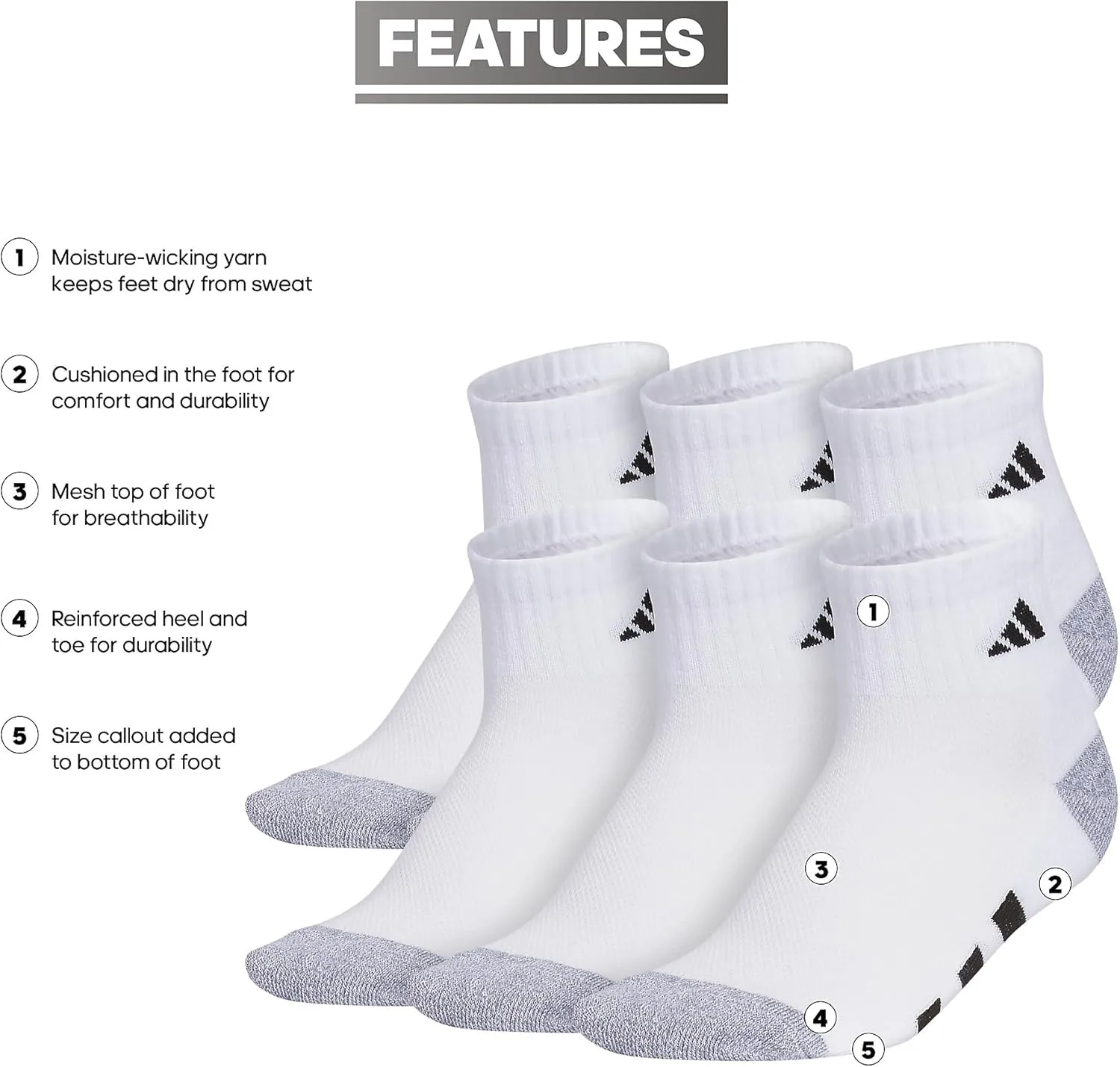 adidas Boys and Girls, Cushioned Quarter Athletic Socks for Kids, Above Ankle Fit, Durable Fabric, 6-Pack