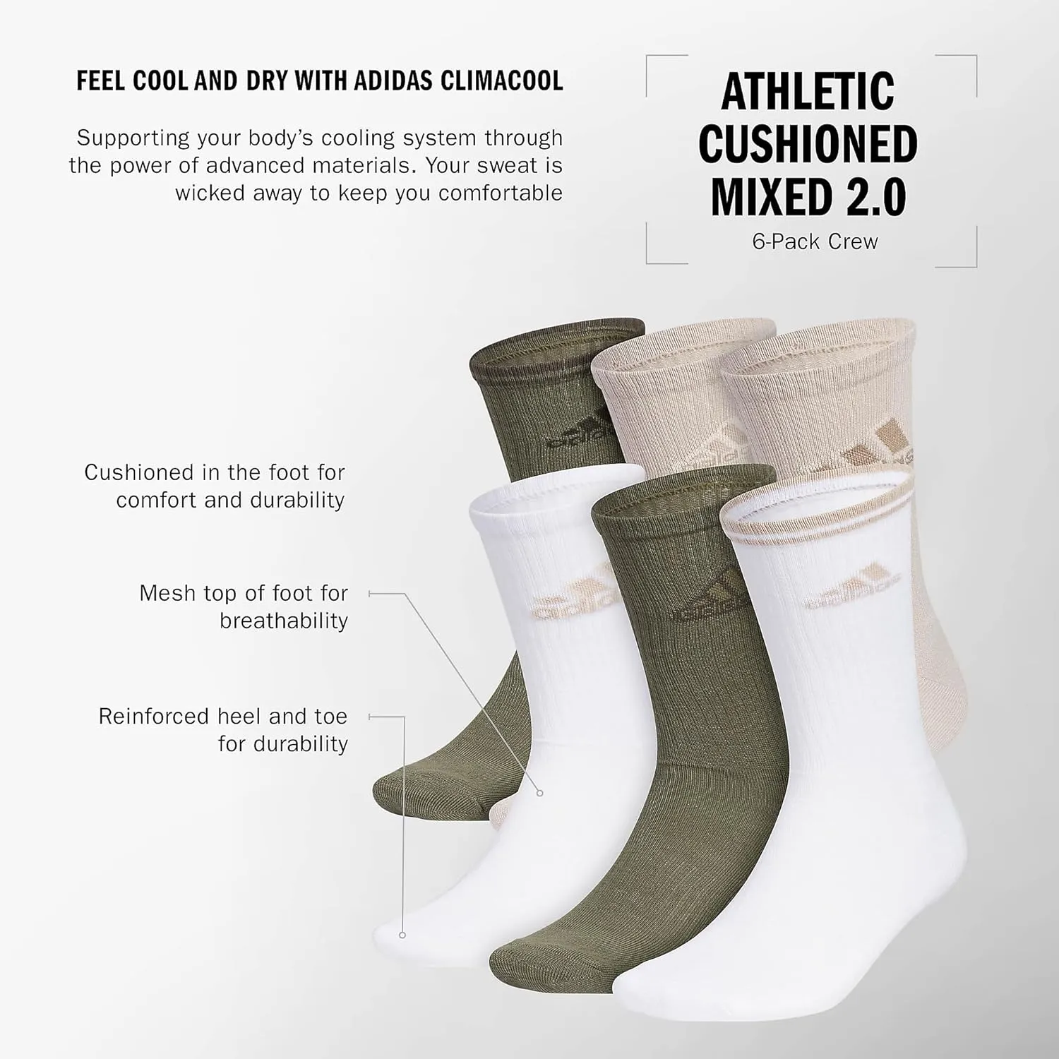 adidas Men's Athletic Cushioned 6-Pack Crew, Cushioned Crew Socks with Arch Compression for a Secure Fit