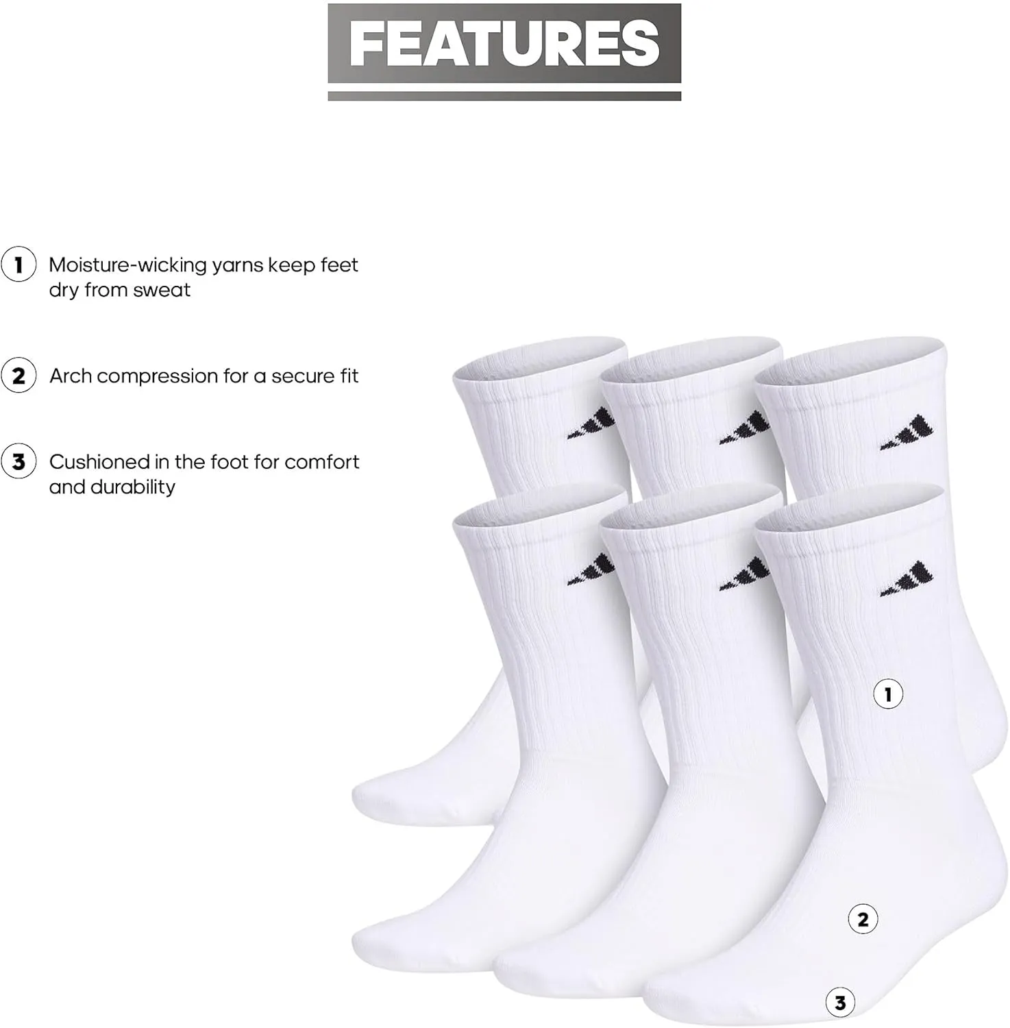 adidas Men's Athletic Cushioned 6-Pack Crew, Cushioned Crew Socks with Arch Compression for a Secure Fit