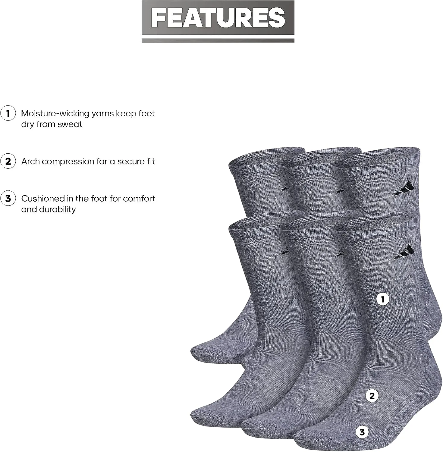 adidas Men's Athletic Cushioned 6-Pack Crew, Cushioned Crew Socks with Arch Compression for a Secure Fit