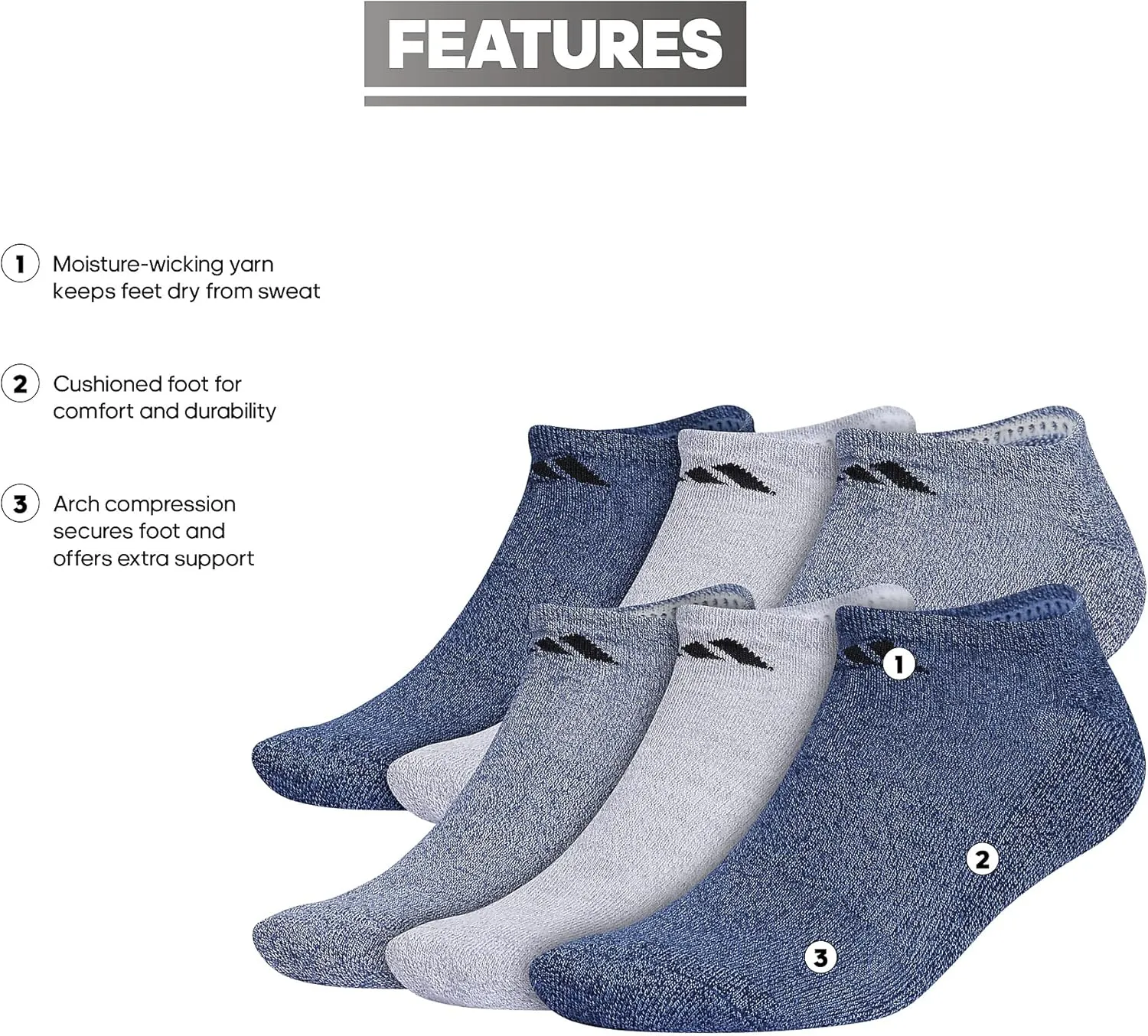 adidas Men's Athletic Cushioned Socks, 6-Pack No Show with Arch Support