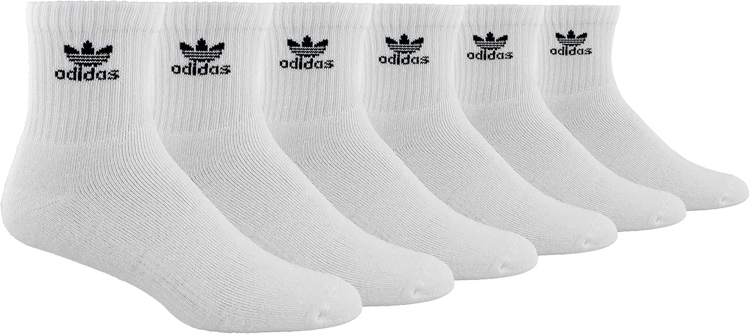 adidas Men's Athletic Moisture Wicking Cushioned Quarter-Cut TREFOIL Logo Socks 6-Pack/ 6-Pair (Shoe Size 6-12) WHITE