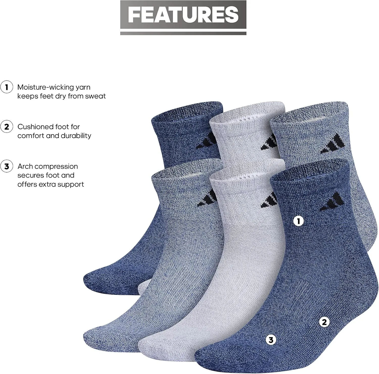 adidas Men's Socks, Athletic Cushioned Quarter 6-Pack, Ankle Fit with Arch Support