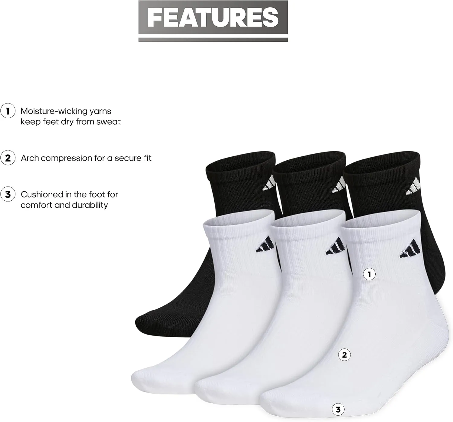 adidas Men's Socks, Athletic Cushioned Quarter 6-Pack, Ankle Fit with Arch Support