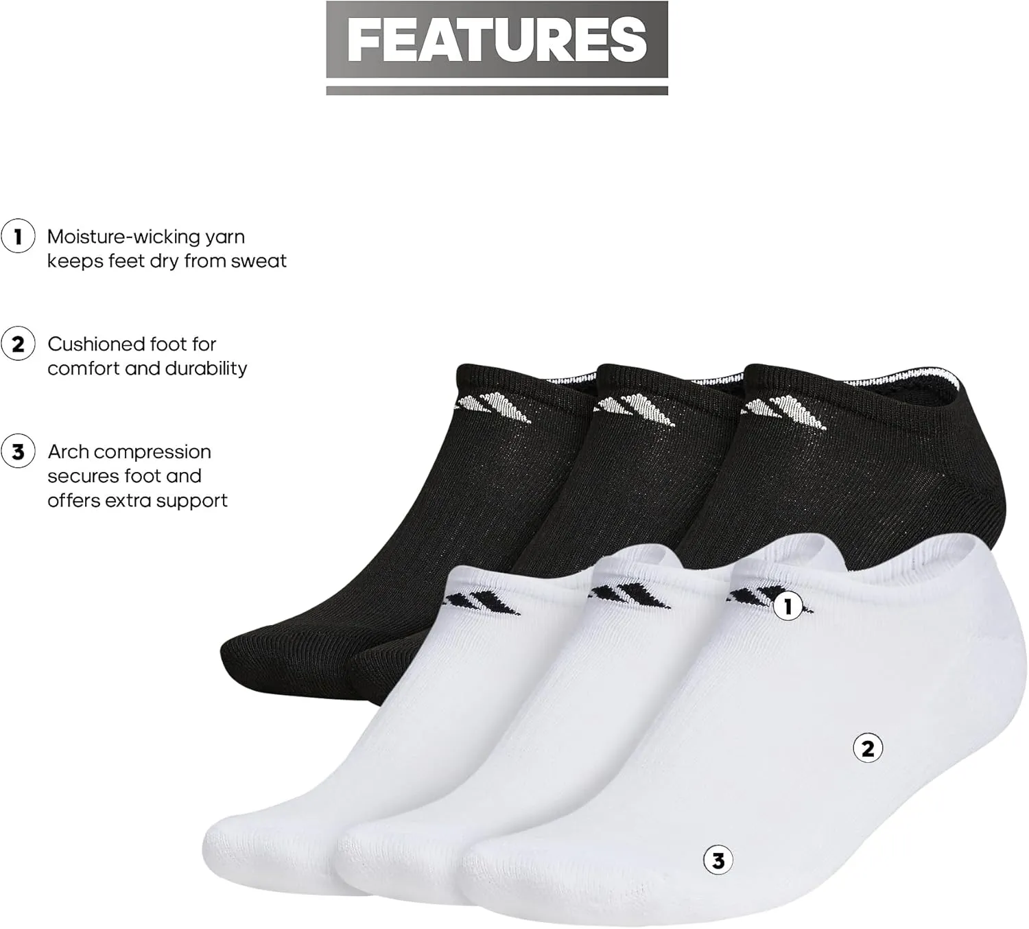 adidas Women's Athletic Cushioned 6-Pack No Show, Socks - No Show Socks for Secure Fit, Cushioned Comfort, Low Profile