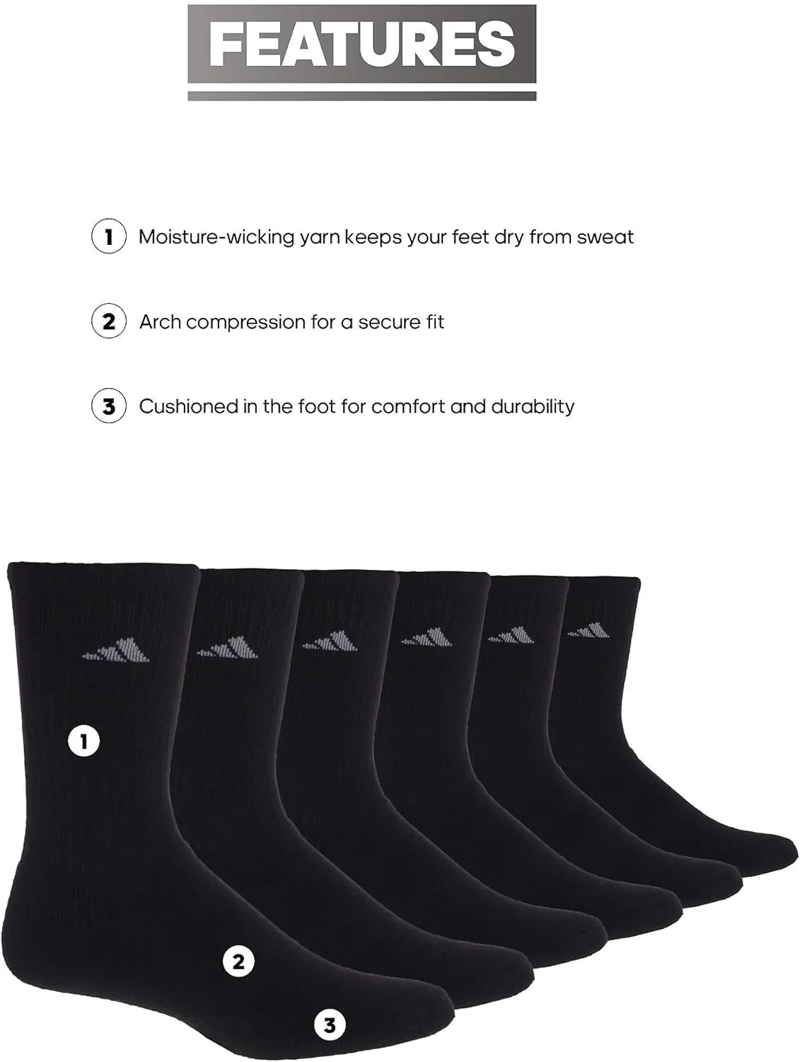 adidas Women's Athletic Cushioned Crew Socks with Arch Support, 6-Pack, Durable, Moisture-Wicking