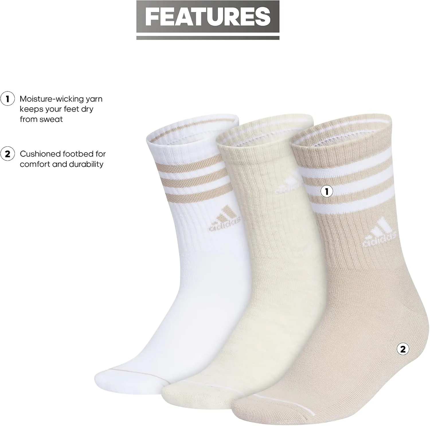 adidas Women's Crew Socks with Arch Compression 3-Pack, Comfortable, Sweat-Wicking, Stylish 3-Stripe