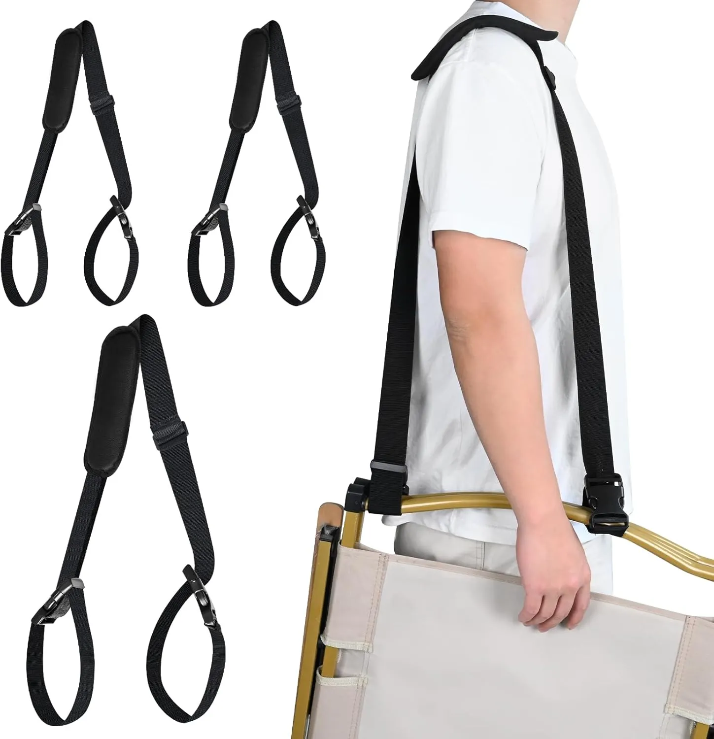 Adjustable Camping & Beach Chair Carry Straps – Heavy-Duty Lightweight Carrying Handle with Padded Shoulder Strap for Outdoor, Backyard, Picnic, Travel (3 Pack)