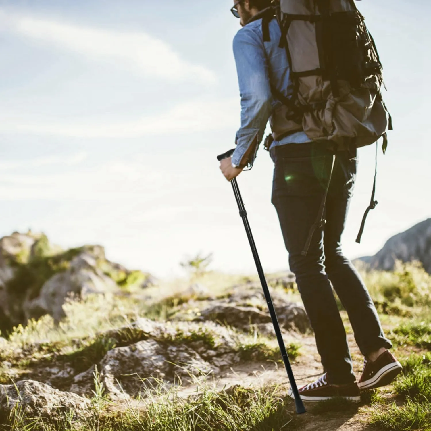 Adjustable Folding Walking Stick Collapsible Trekking Pole Ultra Lightweight 0.5lbs Aluminum Alloy 5 Height Levels 33-37 Inches Portable Cane for Hiking Seniors Adults Travel