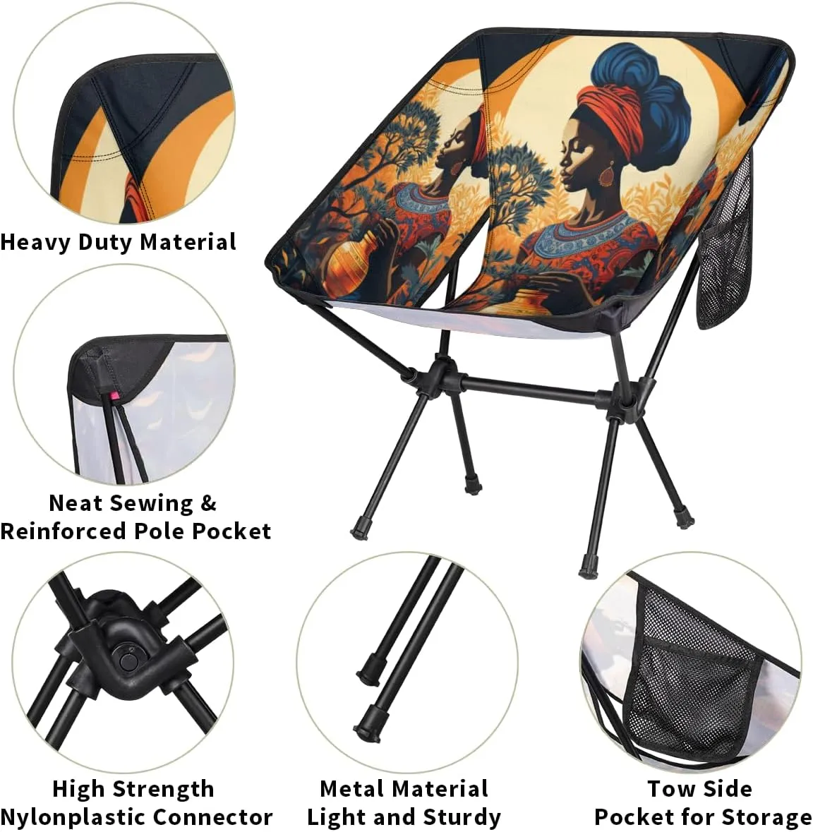African American Black Women Portable Camping Chair Lightweight Folding Backpacking Chair, Compact Foldable Beach Seat with Carry Bag for Outdoor Hiking Fishing Travel