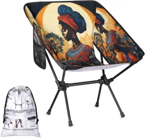 African American Black Women Portable Camping Chair Lightweight Folding Backpacking Chair, Compact Foldable Beach Seat with Carry Bag for Outdoor Hiking Fishing Travel
