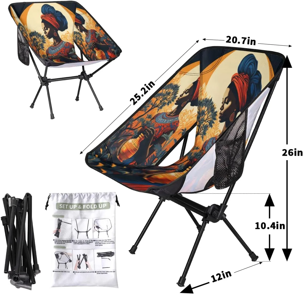 African American Black Women Portable Camping Chair Lightweight Folding Backpacking Chair, Compact Foldable Beach Seat with Carry Bag for Outdoor Hiking Fishing Travel