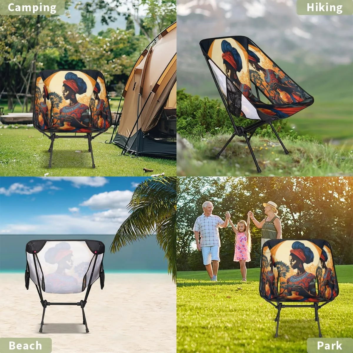 African American Black Women Portable Camping Chair Lightweight Folding Backpacking Chair, Compact Foldable Beach Seat with Carry Bag for Outdoor Hiking Fishing Travel