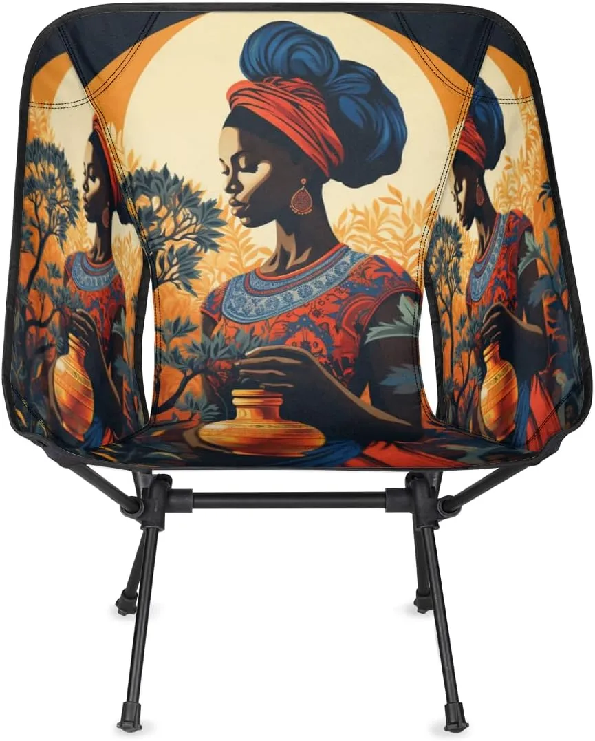 African American Black Women Portable Camping Chair Lightweight Folding Backpacking Chair, Compact Foldable Beach Seat with Carry Bag for Outdoor Hiking Fishing Travel