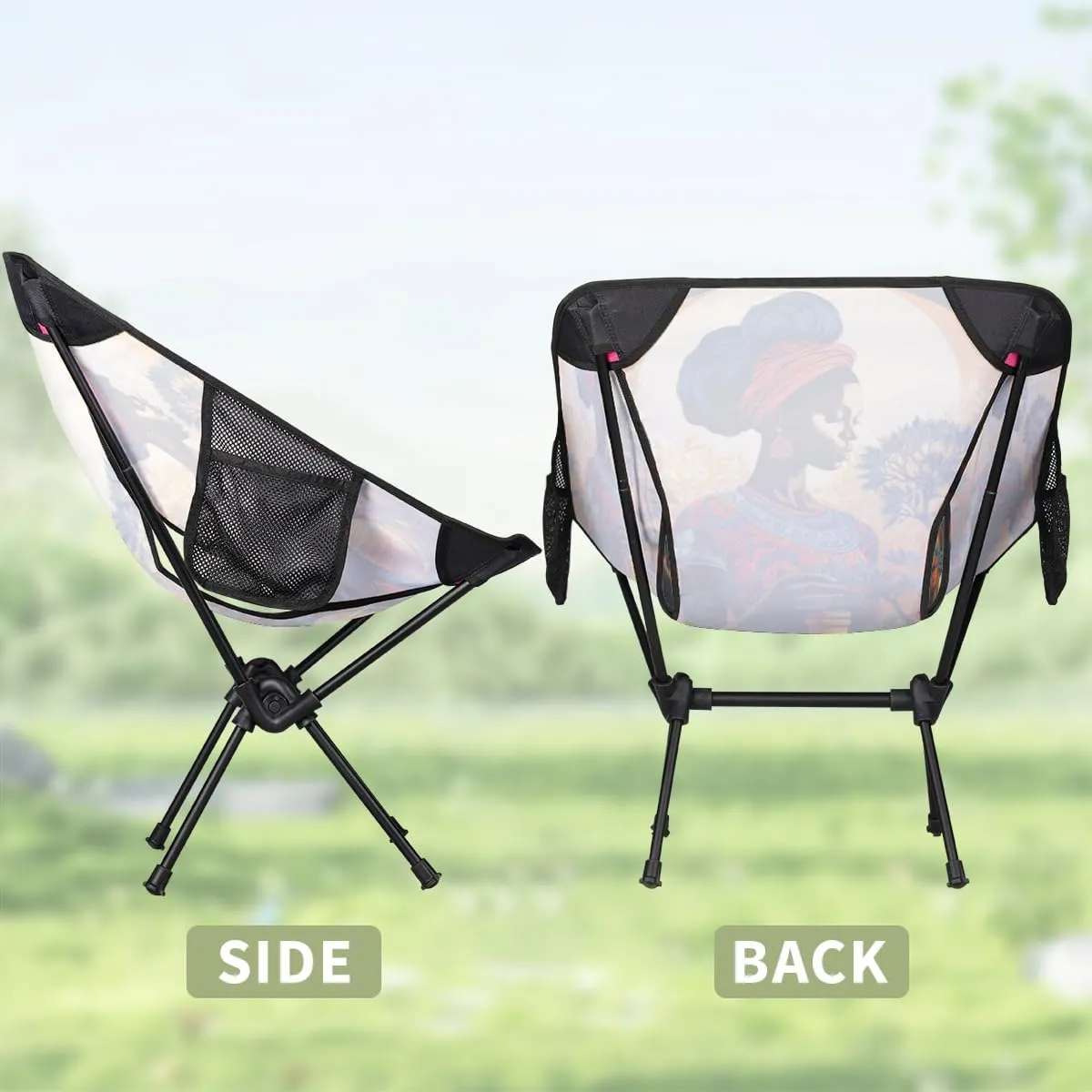 African American Black Women Portable Camping Chair Lightweight Folding Backpacking Chair, Compact Foldable Beach Seat with Carry Bag for Outdoor Hiking Fishing Travel