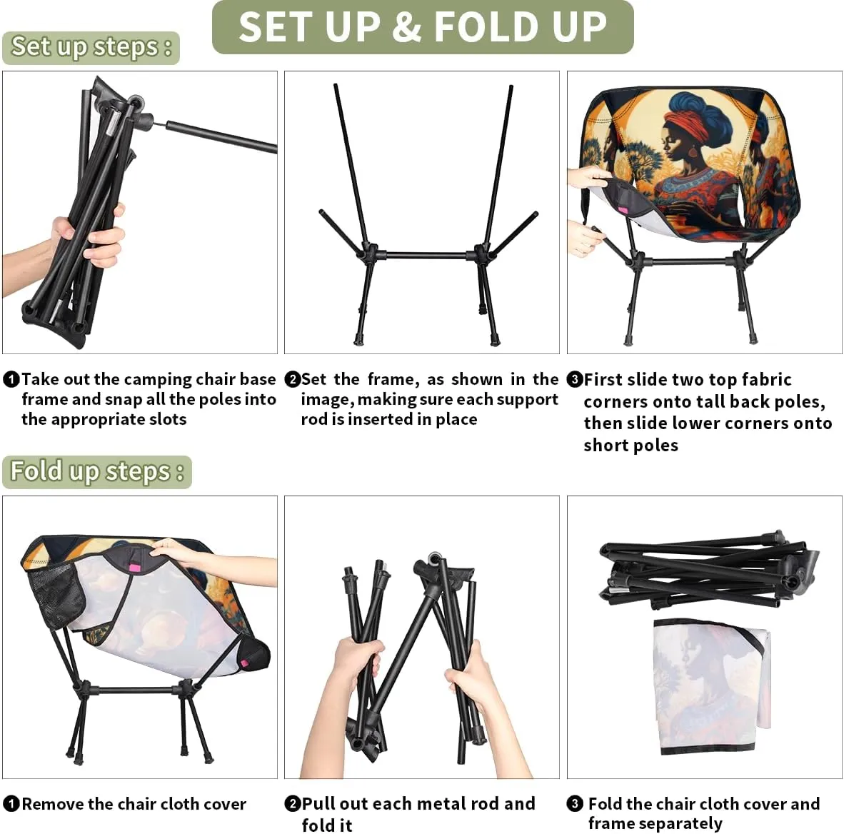 African American Black Women Portable Camping Chair Lightweight Folding Backpacking Chair, Compact Foldable Beach Seat with Carry Bag for Outdoor Hiking Fishing Travel