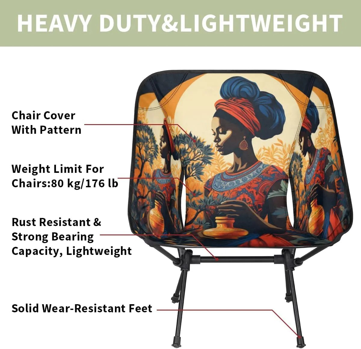 African American Black Women Portable Camping Chair Lightweight Folding Backpacking Chair, Compact Foldable Beach Seat with Carry Bag for Outdoor Hiking Fishing Travel