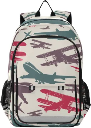 Airplane Retro School Backpack Laptop Travel Daypack for Kids Girls Boys, Personalized Computer Notebooks Bookbag with Adjustable Padded Straps